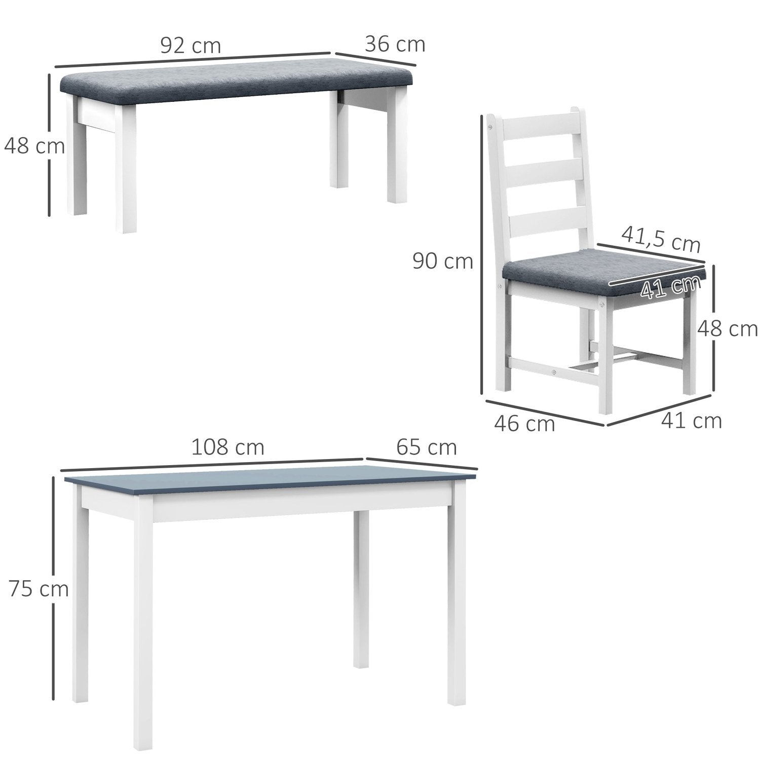 Spisebordssæt, spisebord med 2 polstrede stole, bænk, 4-delt spisebordssæt, spisestuegruppe med hørlook, fyrretræ, grå, hvid