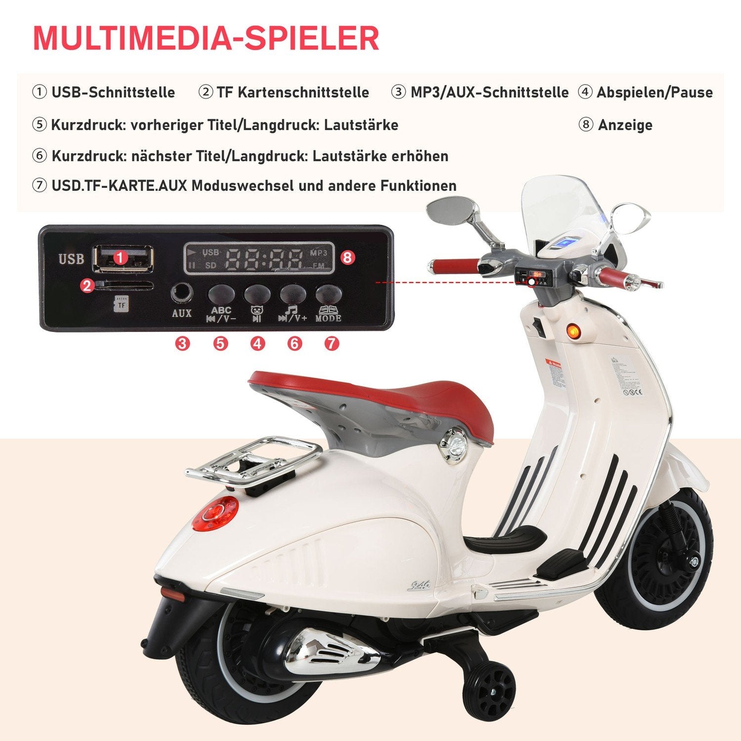 Elektrisk børnekøretøj Motorcykel Mp3 Musik Belysning 3-6 år Pp Hvid 108X49X75Cm