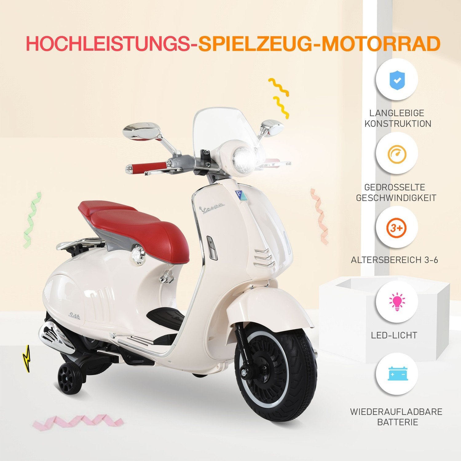 Elektrisk børnekøretøj Motorcykel Mp3 Musik Belysning 3-6 år Pp Hvid 108X49X75Cm