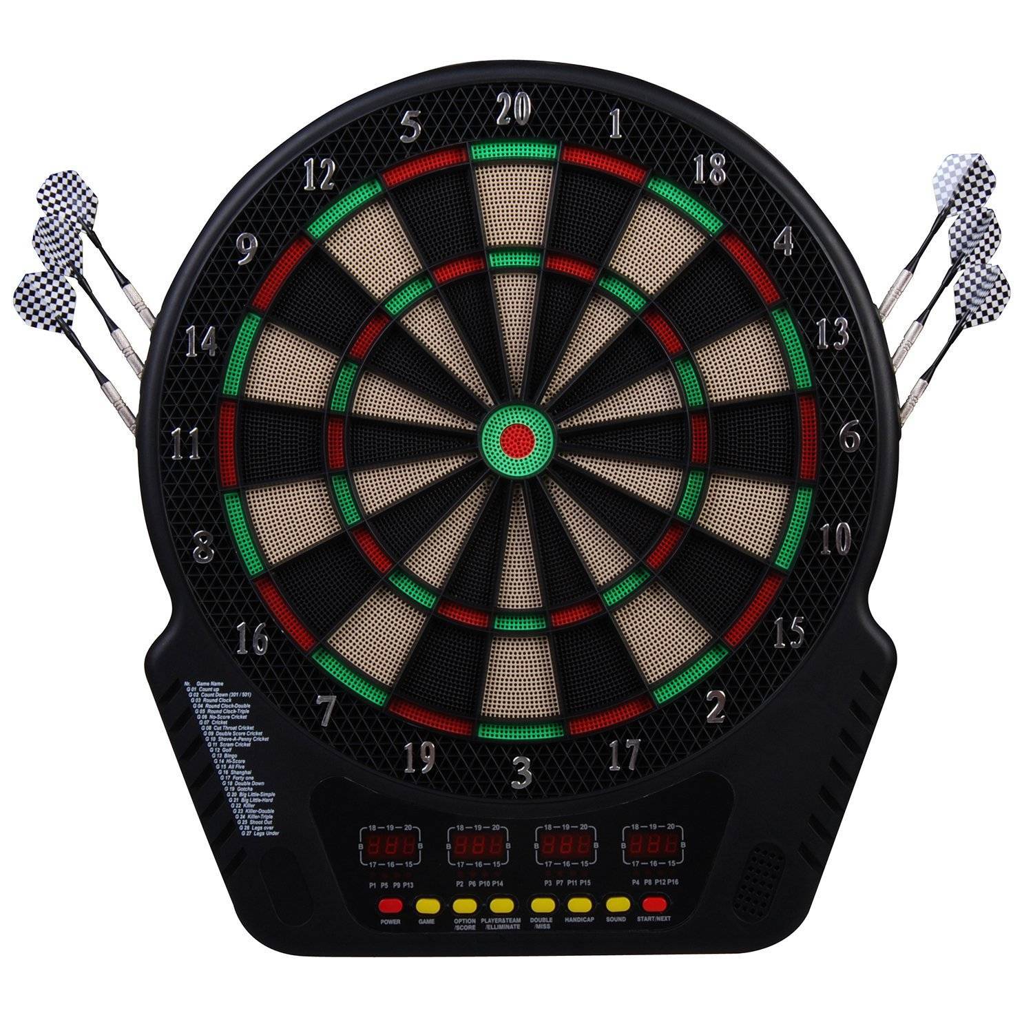 Elektronisk dartskive dartskive dartsæt med 6 dart 24 darthoveder 27 spil 243 hitmuligheder for 16 spillere Flerfarvet 44 x 51,5 x 3,2 cm