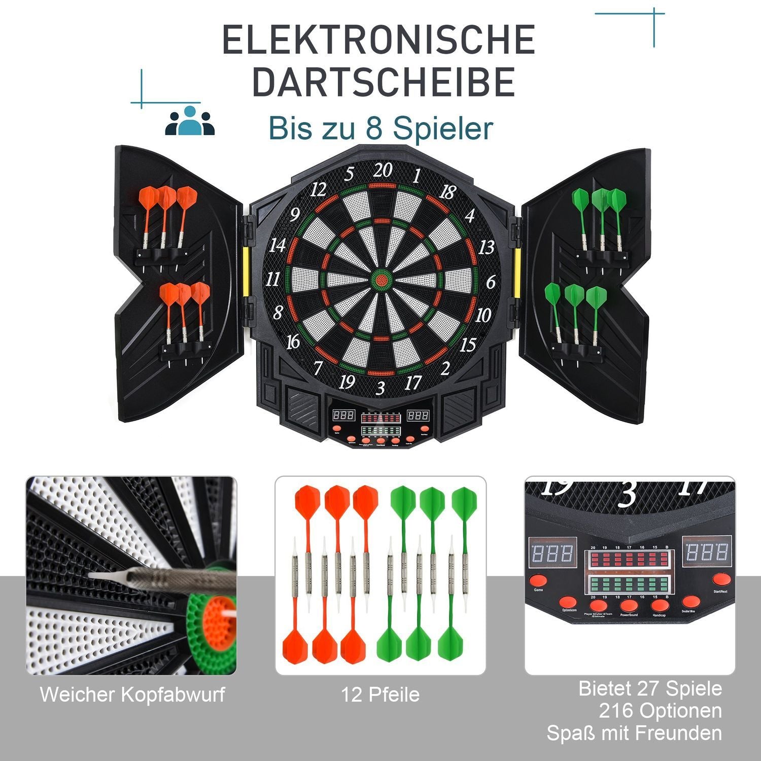 Elektronisk dartskive med dør Inkl. 4 lysdioder 216 spil 12 dart op til 8 spillere Abs + Pp 49 X 54,6 X 5,5 Cm.