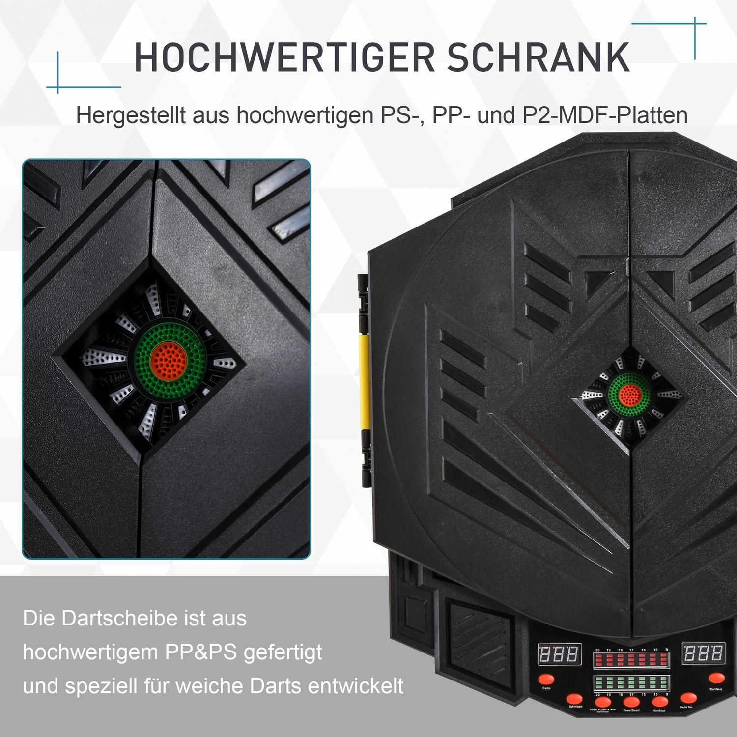 Elektronisk dartskive med dør Inkl. 4 lysdioder 216 spil 12 dart op til 8 spillere Abs + Pp 49 X 54,6 X 5,5 Cm.