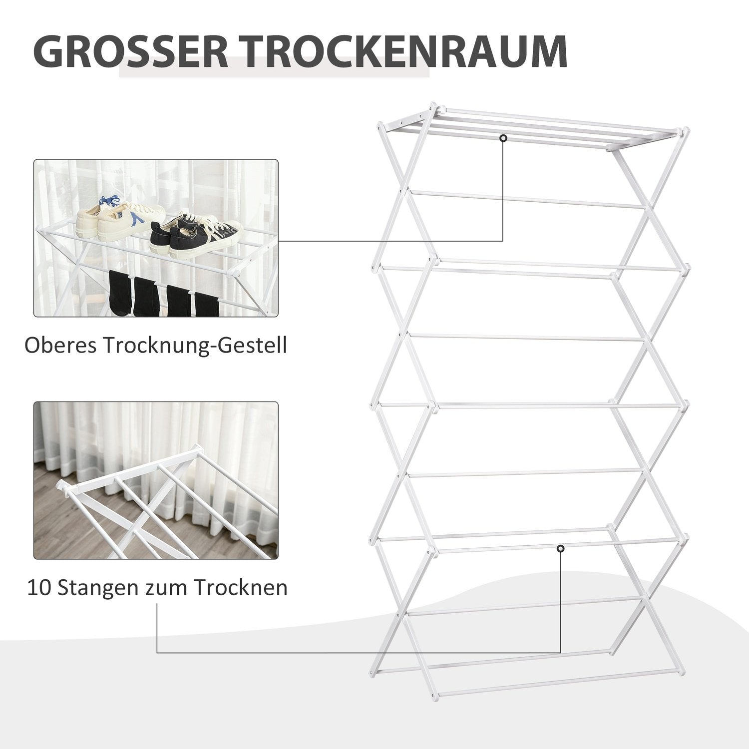 Hopfällbara Kläder Airer 8 Nivåer Torntork Metall Plast Vit 74X35X144Cm