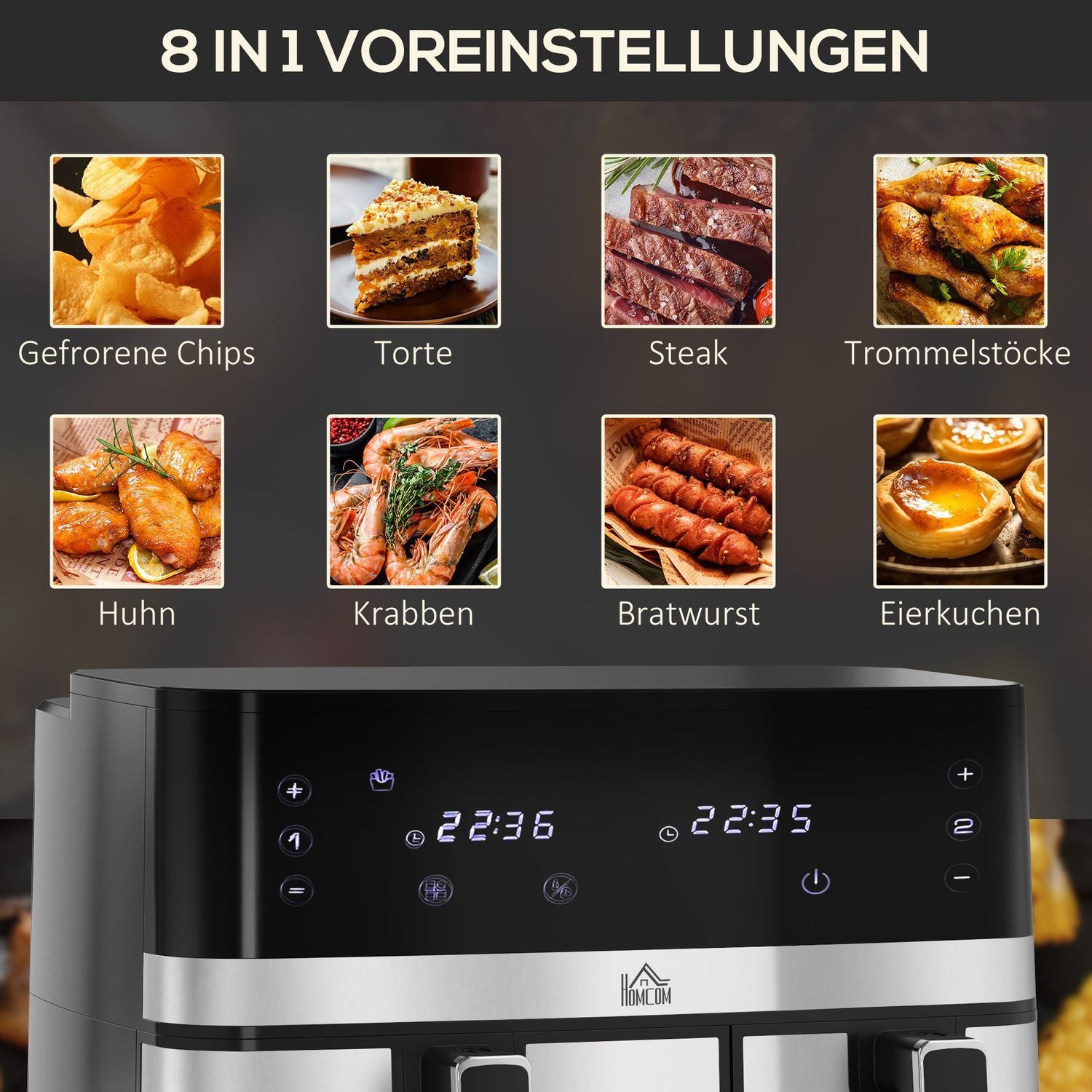 Hot Air Fryer 8.5L Dubbelkammare 8In1 Recept Airfryer Non-Stick Coating Touchscreen Smart Timer Utan Olja Svart