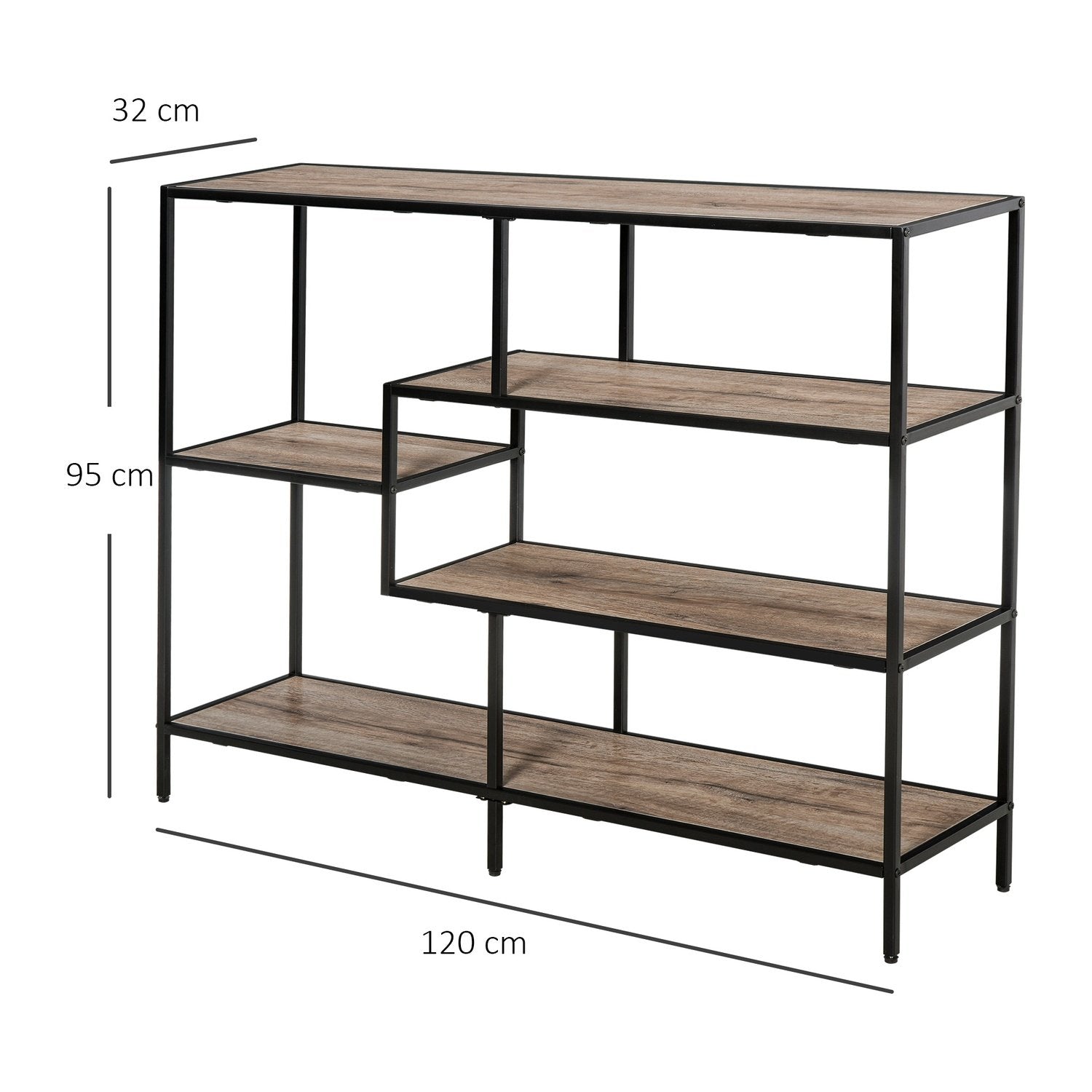 Stående bogreol i industriel stil, arkivhylde, sort+lys eg, 120X32X95Cm