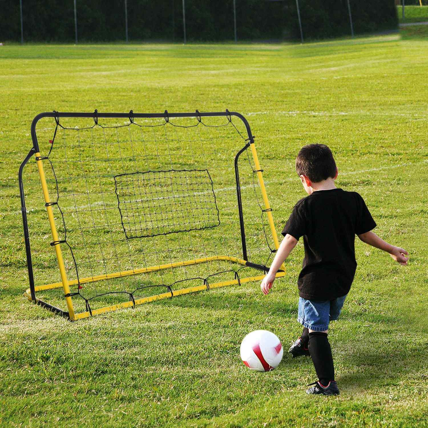 Kickback Football Rebounder Goal Rebound Wall Net För Fotboll, Basket, Baseboll, Gul+Svart, 184X63X123 Cm