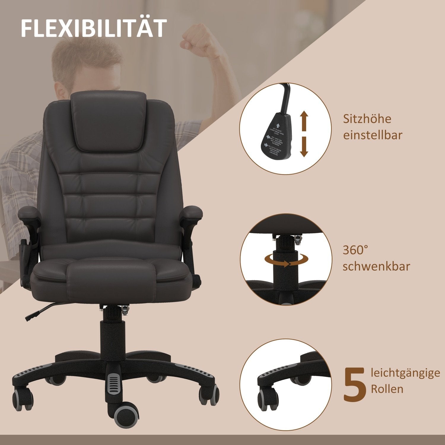 Massagestol Kontorsstol Kontorsstol Executive Chair Gaming Stol 6-Punkts Vibrationsmassage Med Värmefunktion Faux Leather Läderstol Roterbar (Brun)