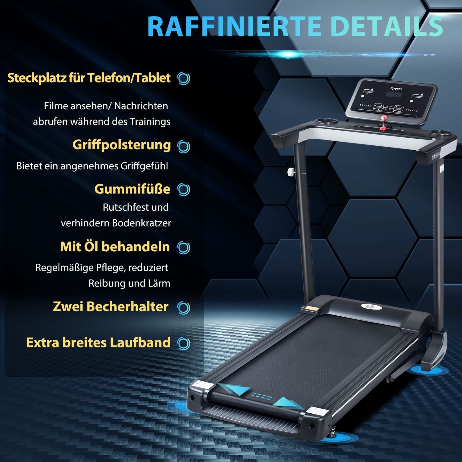 Motoriseret foldeløbebånd 12 programmer Mobiltelefonholder 100 Kg Belastningskapacitet