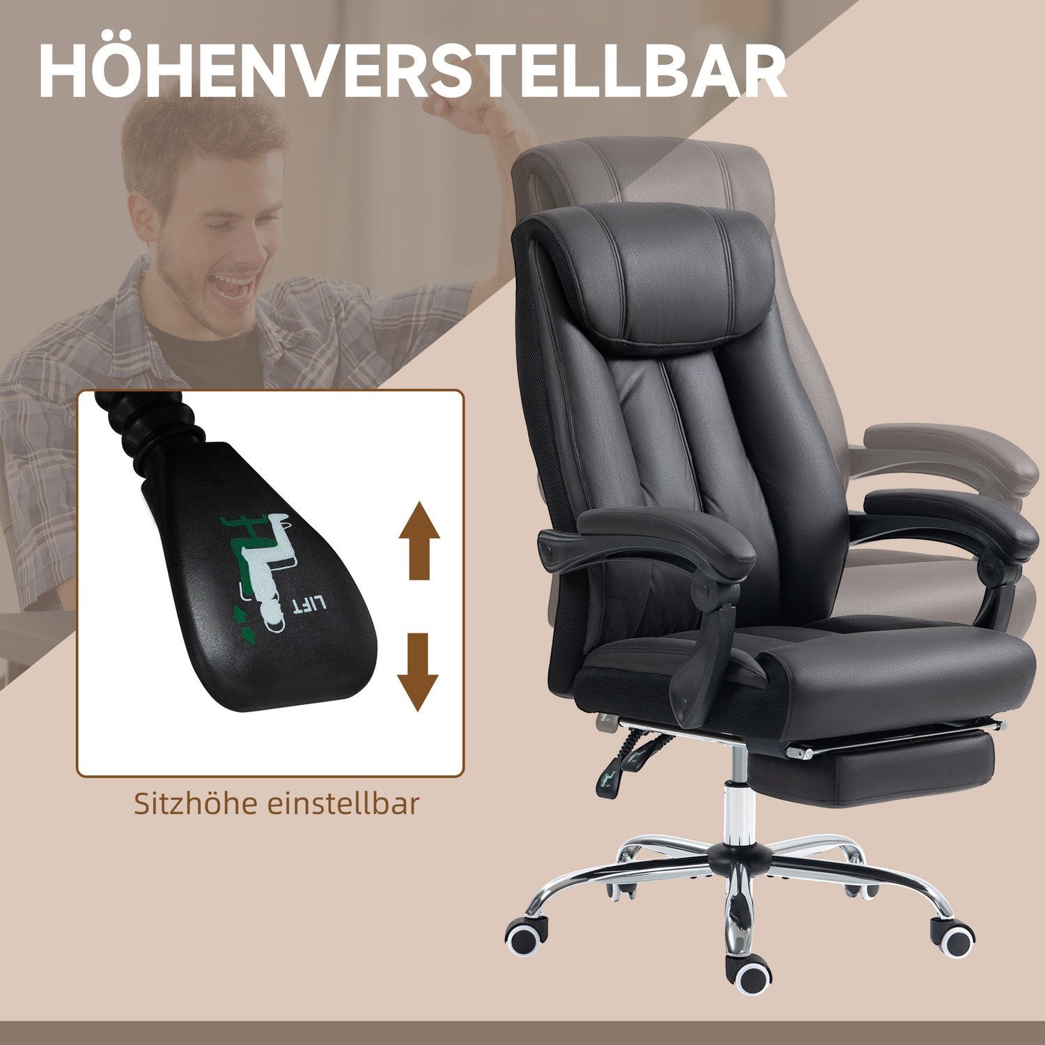 Kontorstol Executive Stol Med Fodstøtte Højdejusterbar Microfiber Tilt Stål Sort