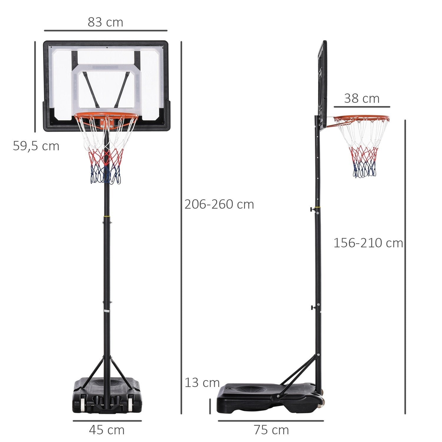 Udendørs Basketball Hoop Højdejusterbar Basketball Stand Til Børn Med Hjul, Sort, 83 X 75 X 206-260 Cm