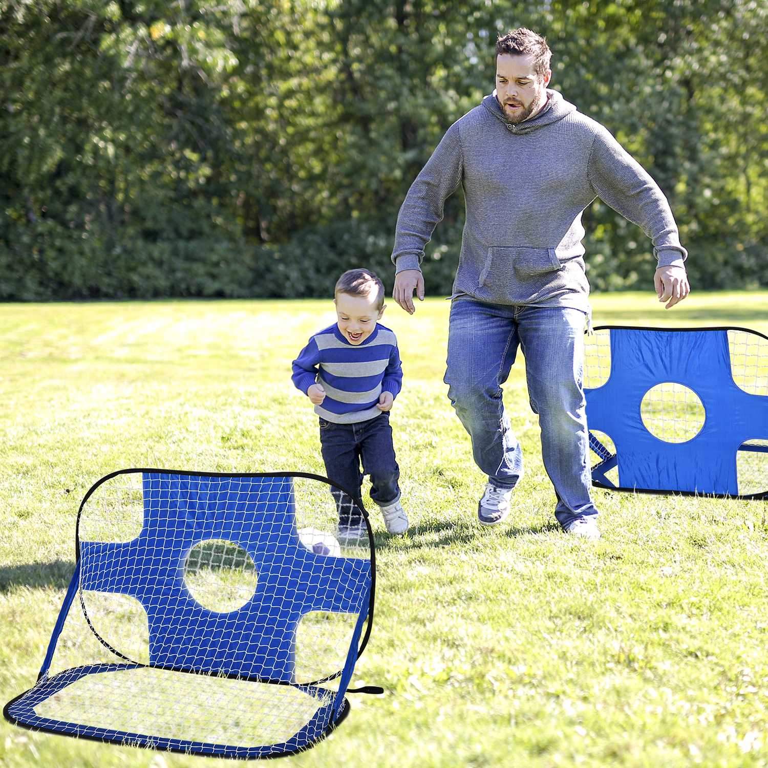 Pop Up fodboldmål bærbart fodboldnet, sæt med 2 minimål, sammenklappeligt med bæretaske, blå, 123X80X80 cm