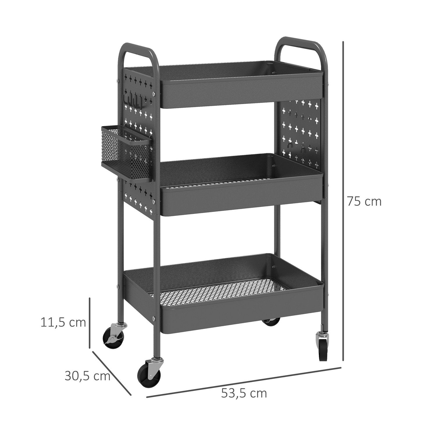 Rullevogn, 3-trins serveringsvogn, 2 hængende kurve, opbevaringsvogn med håndtag, køkkenvogn, sidevogn, stål, mørkegrå