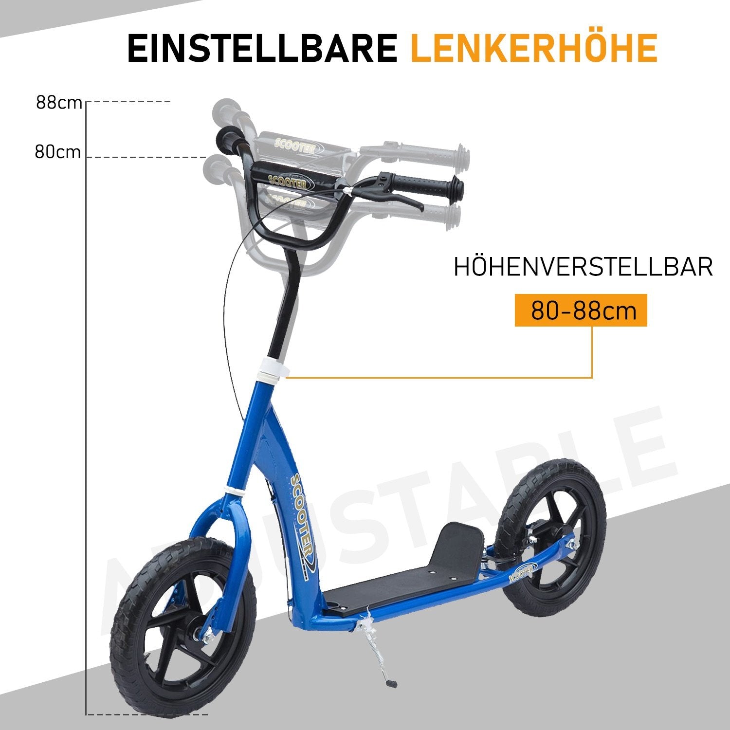 Scooter Børnescooter City Scooter 12 Tommer Med Bagbremse, Højdejusterbar, Stål &amp; Eva, Blå, 120X52X80-88 Cm