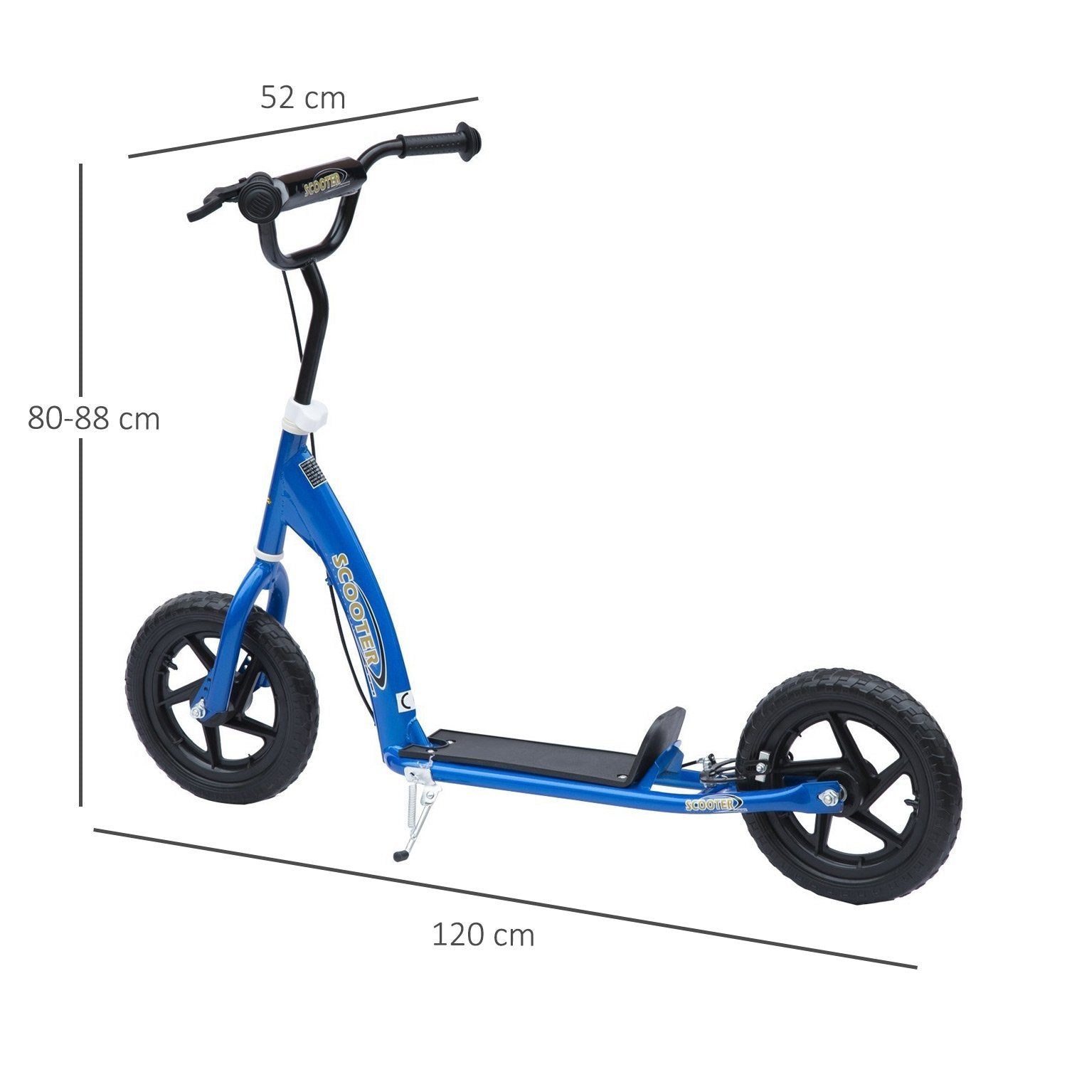 Scooter Børnescooter City Scooter 12 Tommer Med Bagbremse, Højdejusterbar, Stål &amp; Eva, Blå, 120X52X80-88 Cm