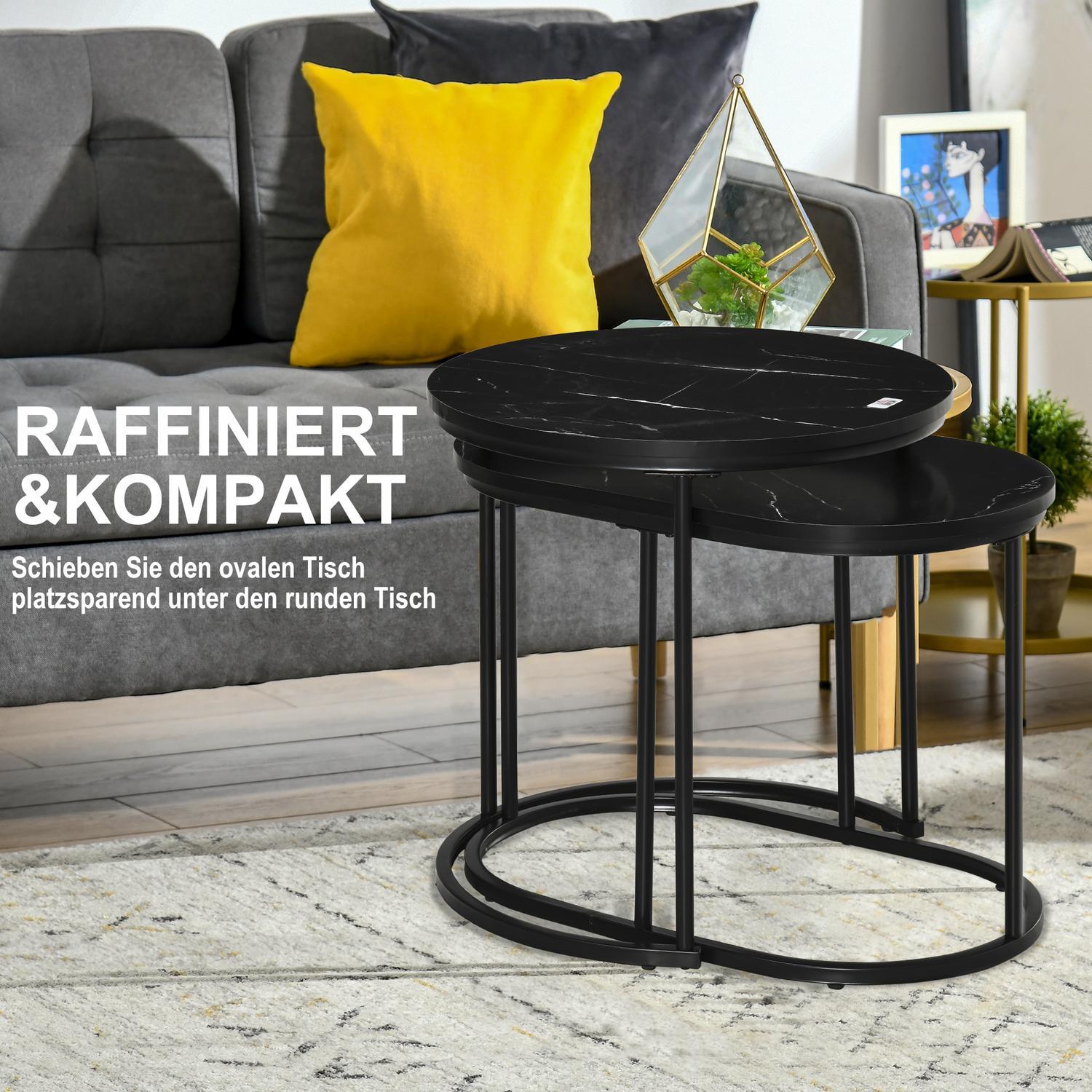 Set Med 2 Soffbord Runt Ovalt Beställningsbord Soffbord Stapelbart Med Konstmarmorsida Upp Till 30 Kg Mdf-Stål Svart Ø50 X 50,5H Cm