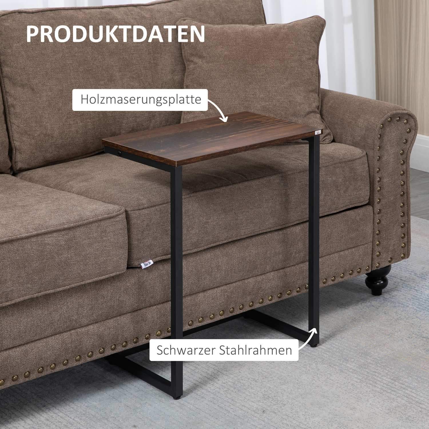 Set Med 3 Sidobord Utrymmesbesparande C-Formad Industriell Design Stålstomme För Vardagsrum Rustik Brun