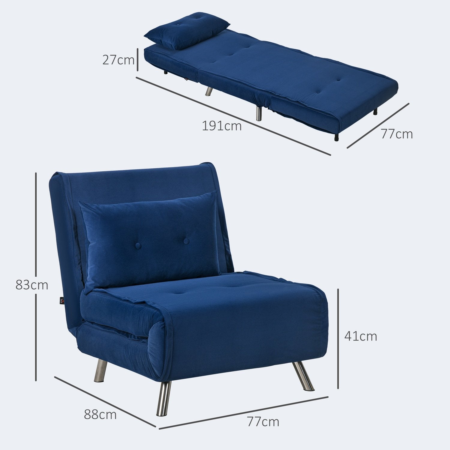 Sovesofa Foldestol Seng Funktion Enkelt sofa Pude Gæsteseng Polstret sofa Fløjl Stue Soveværelse Blå 77X88X83Cm