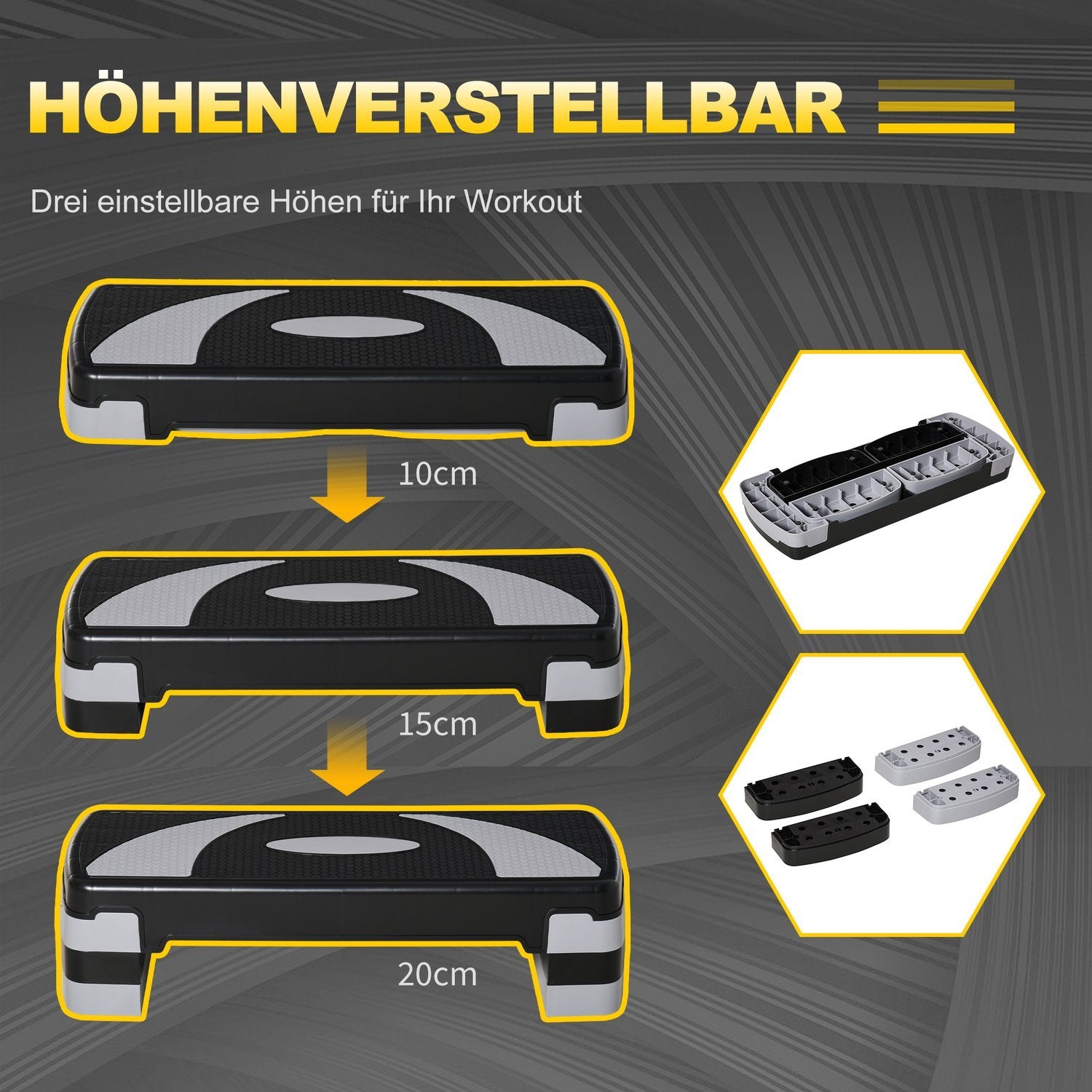 Stepboard Aerobic stepper Højdejusterbar med 3 niveauer (10/15/20 cm), fitness-motionscykel, op til 150 kg, 80X31X10-20 cm