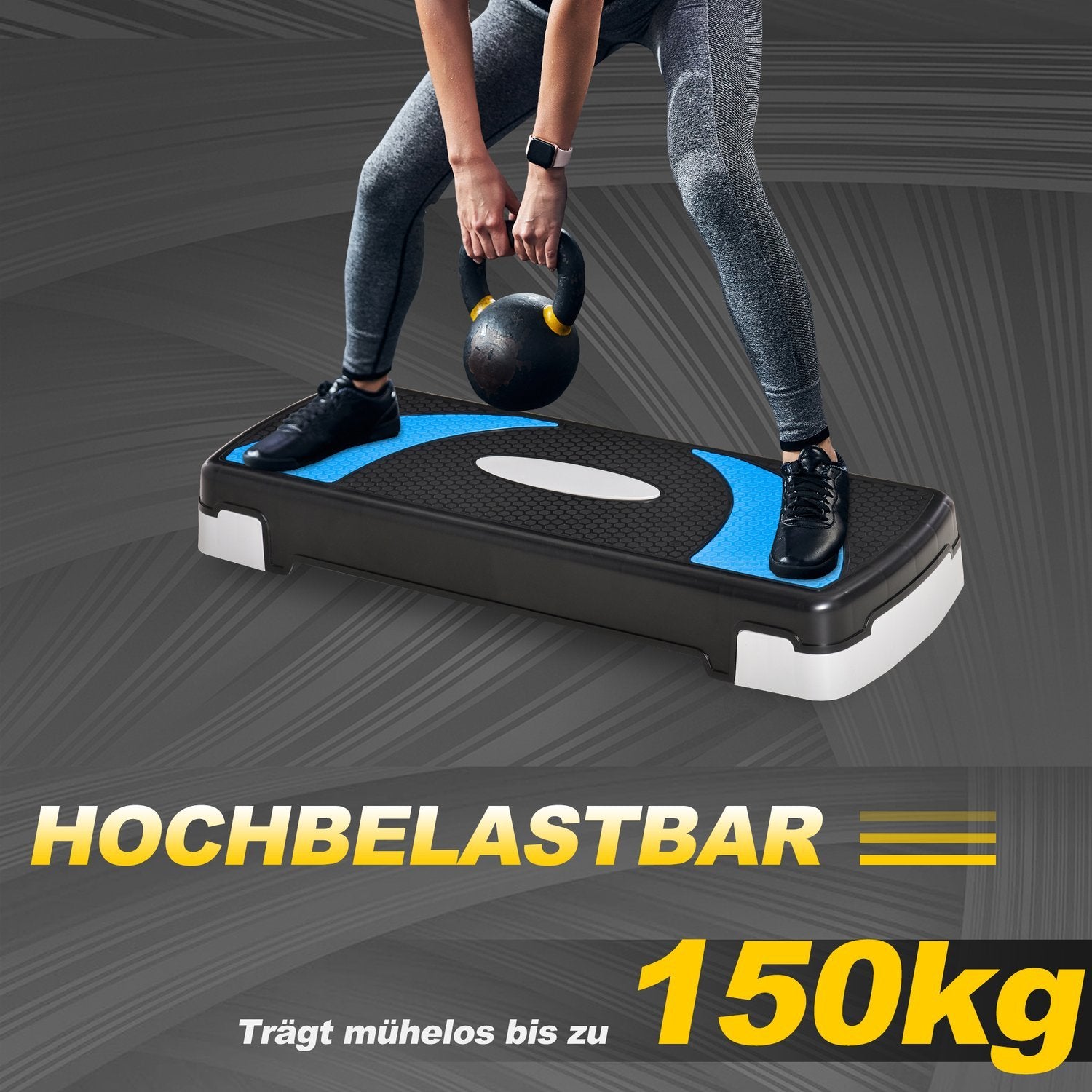 Stepboard Aerobic stepper Højdejusterbar med 3 niveauer (10/15/20 cm), fitness-motionscykel, op til 150 kg, lyseblå, 80X31X10-20 cm