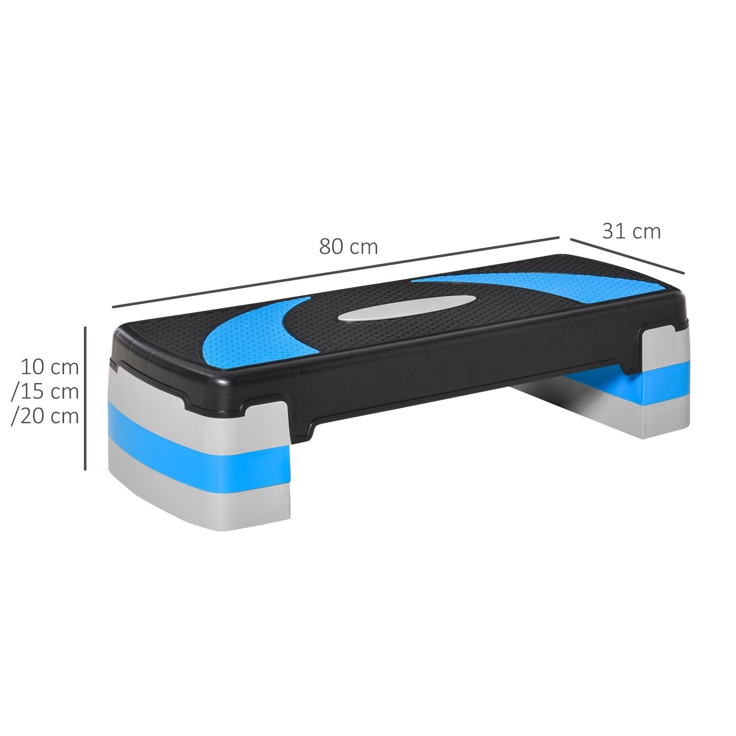 Stepboard Aerobic stepper Højdejusterbar med 3 niveauer (10/15/20 cm), fitness-motionscykel, op til 150 kg, lyseblå, 80X31X10-20 cm