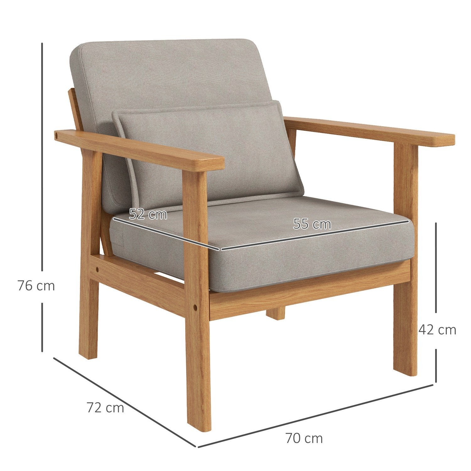 Stoppad Stol Bekväm Accentstol Med Armstöd För Vardagsrum, Sovrum, Träben, Grå, 70X72X76Cm