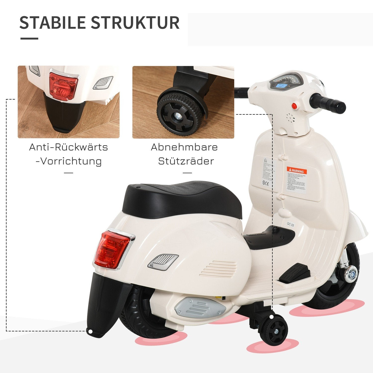 Vespa Elmotorcykel Børnemotorcykel, 18-36 mdr., 3 Km/T, Led Lys &amp; Lyd, Pp Plast &amp; Metal, Hvid, 66,5X38X52Cm