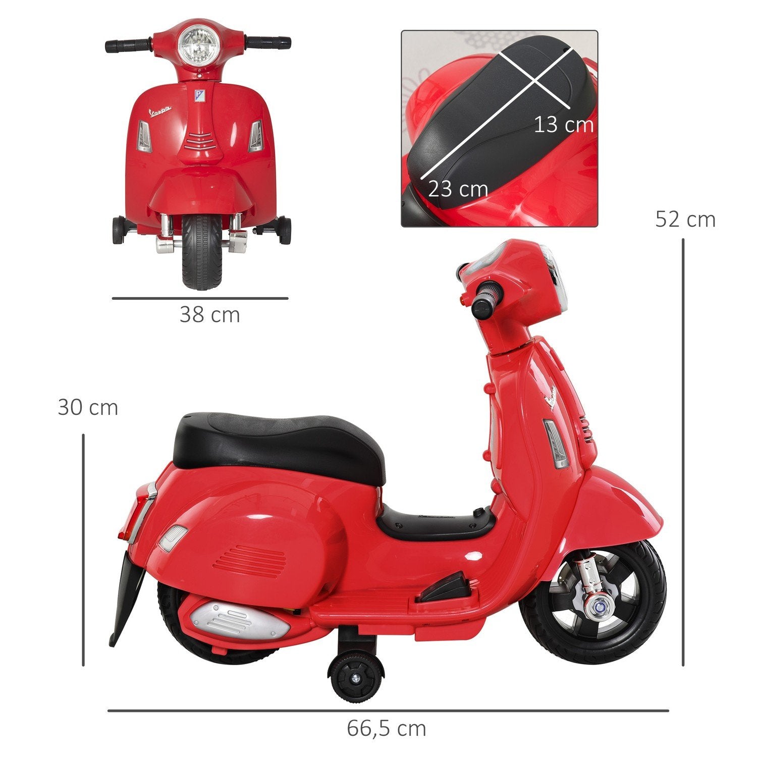 Vespa Elmotorcykel Børnemotorcykel Elkøretøj 18-36 Måneder 3 Km/H Led Lys Lyd Pp Plast Metal Rød 66,5 X 38 X 52 Cm