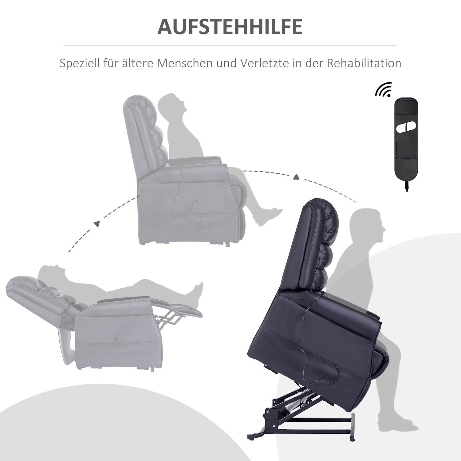 Lænestol med ståhjælp, massagestol med liggefunktion, relaxstol med usb port, ståstol med fjernbetjening, varmefunktion