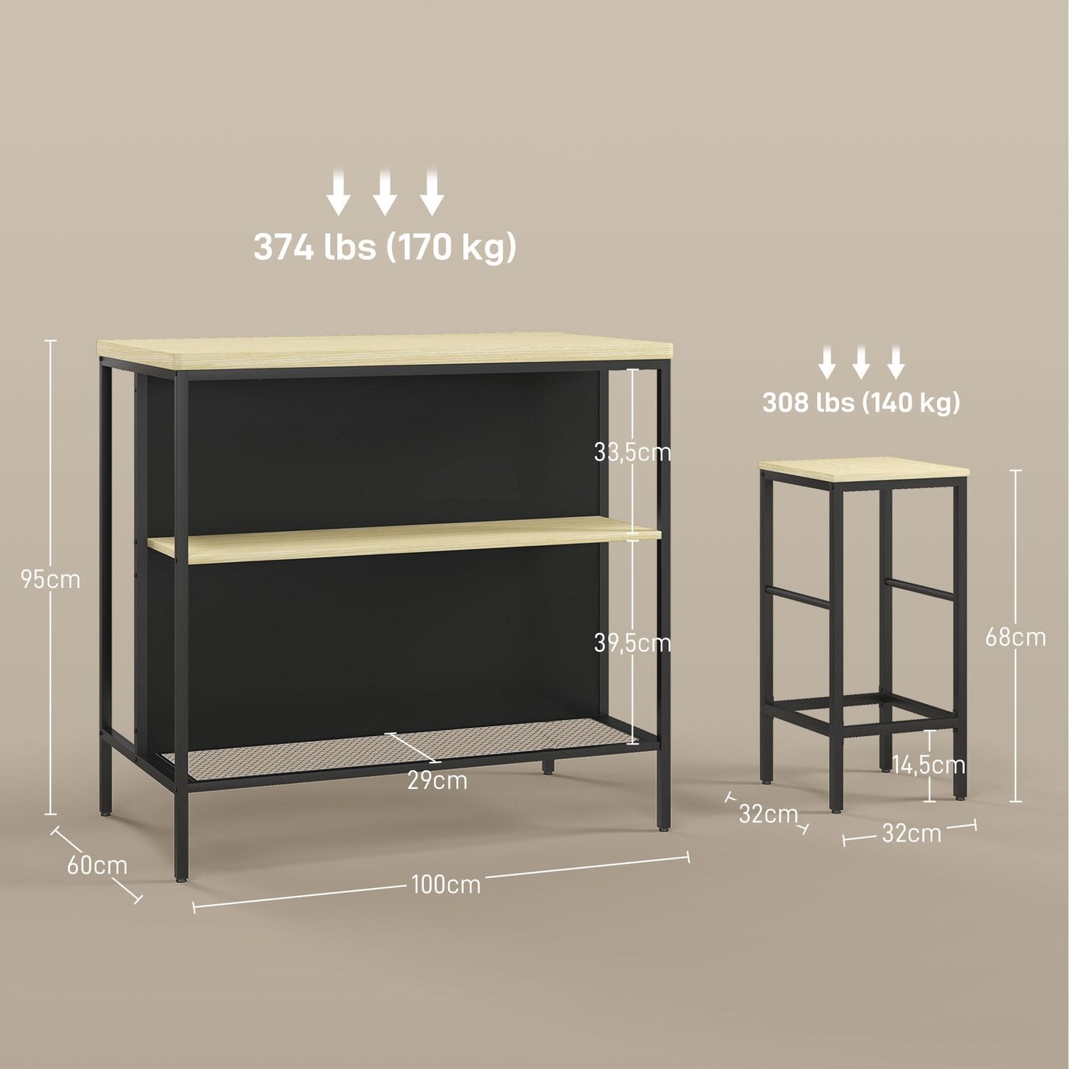 Barbordsset 3 Delar. Köksbord 2 Barstolar 2 Hyllor Matsalsset Modern Stål Ek