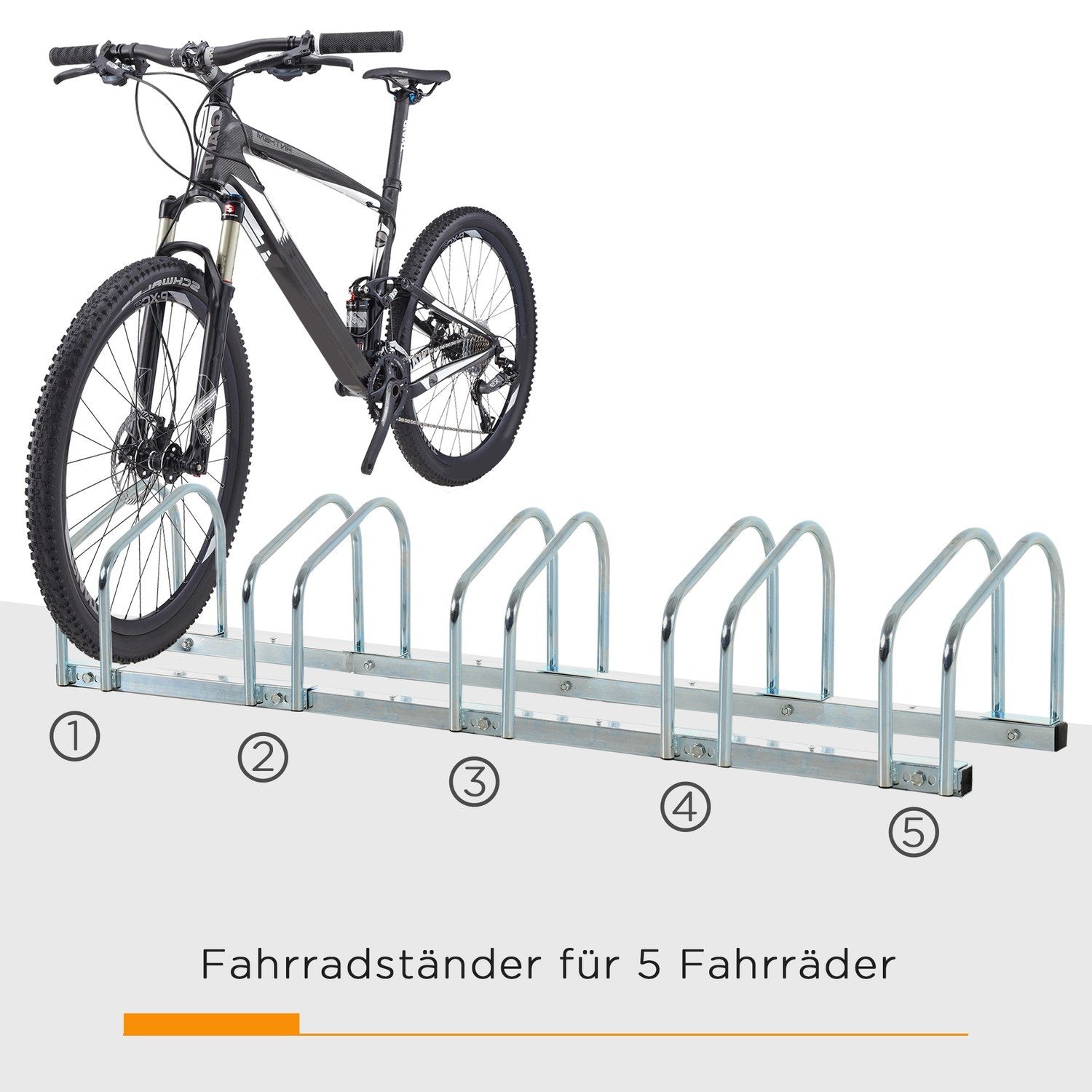 Cykelstativ, Cykelstativ, Vejrbestandig, Holdbar, Gulv- og Vægmontering, Stål, Op til 5 cykler, Sølv, 145 X 33 X 27 Cm