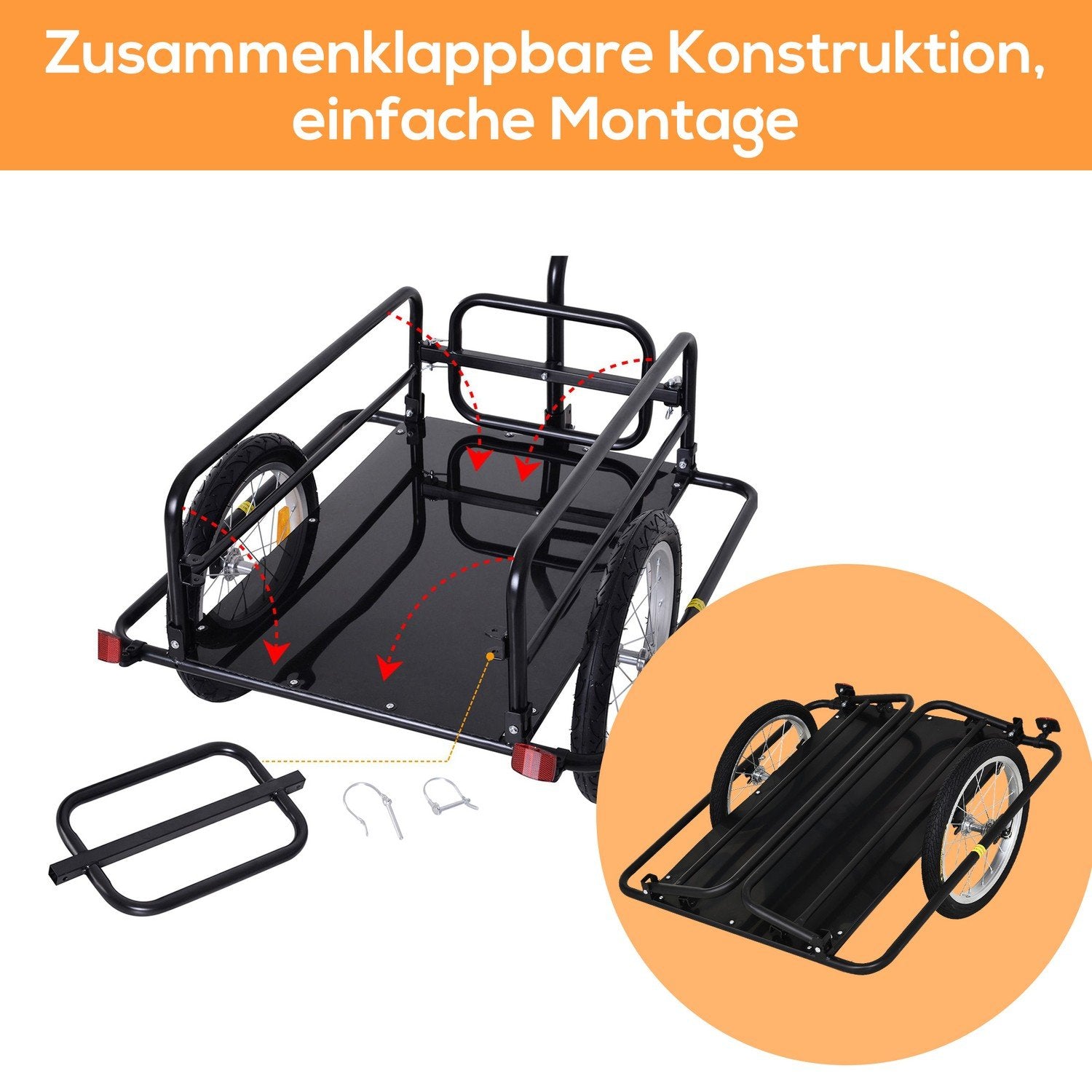 Cykelvogn Lastvogn 40 Kg Lasteevne, Transportvogn Med Foldekobling, Sort, 155X71,5X77Cm