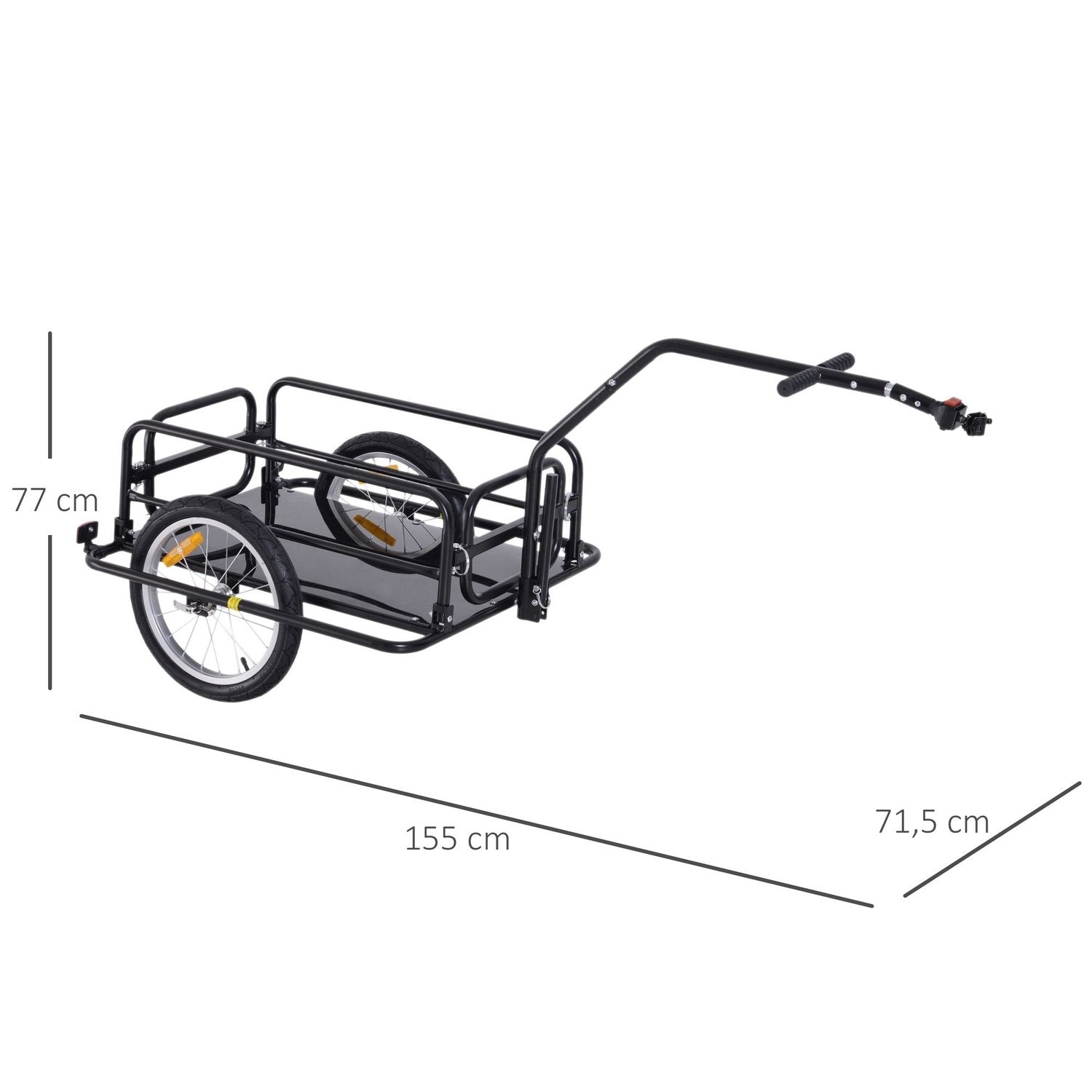 Cykelvogn Lastvogn 40 Kg Lasteevne, Transportvogn Med Foldekobling, Sort, 155X71,5X77Cm