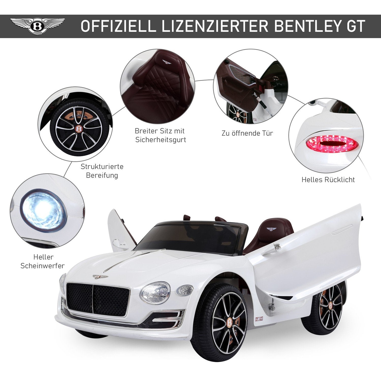 Børnebil Børnebil Elbil Bentley Gt Licenseret Med fjernbetjening 2 X 390 motorer Hvid 108 X 60 X 43 Cm