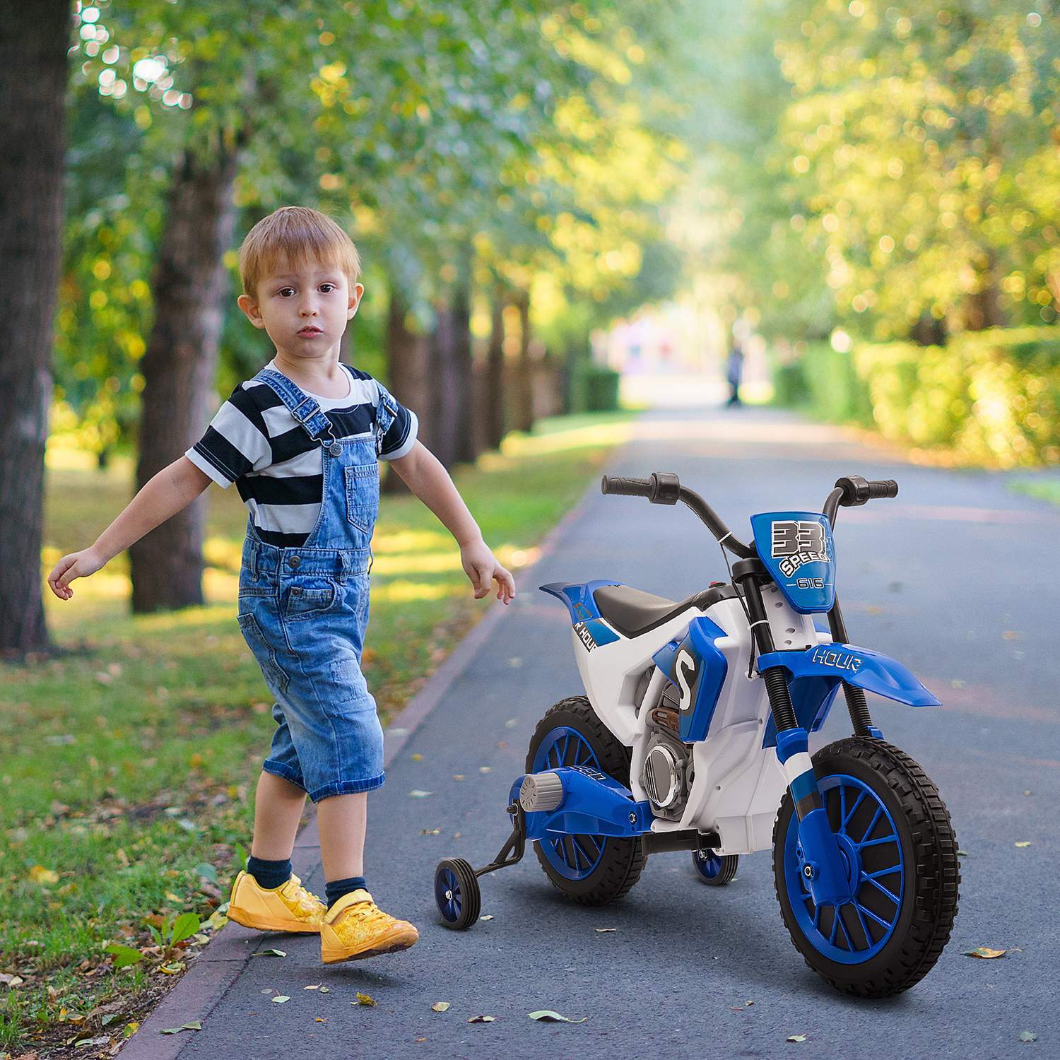 El-motorcykel til børn 12V, med 2 aftagelige støttehjul, fra 3 år, Pp Metal, Blå + Hvid