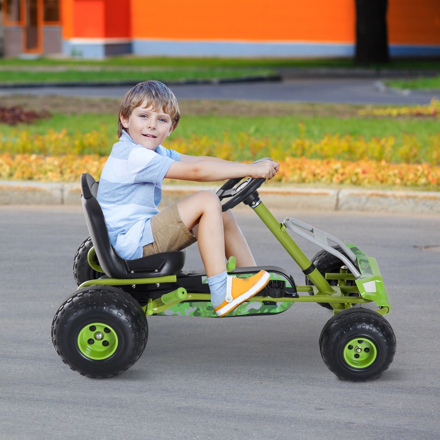 Børnegokart pedalbil Børnekøretøj med justerbart sæde Pedalkøretøj med håndbremse Fra 3 år Grøn 95 X 66,5 X 57Cm