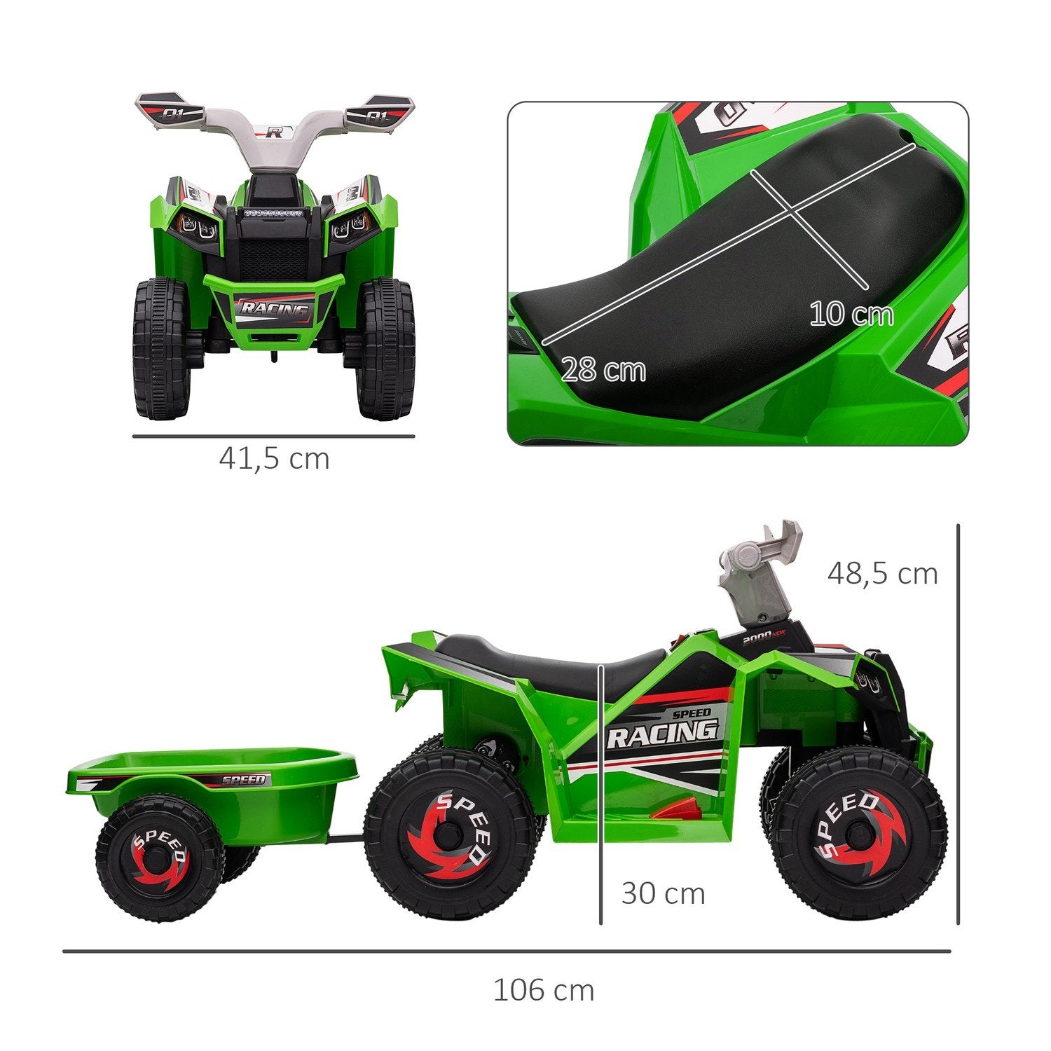 Børne-ATV Børne-ATV, 6V elbil med anhænger, børnekøretøj til børn 1,5-3 år, 2,5 km/t, metal, grøn