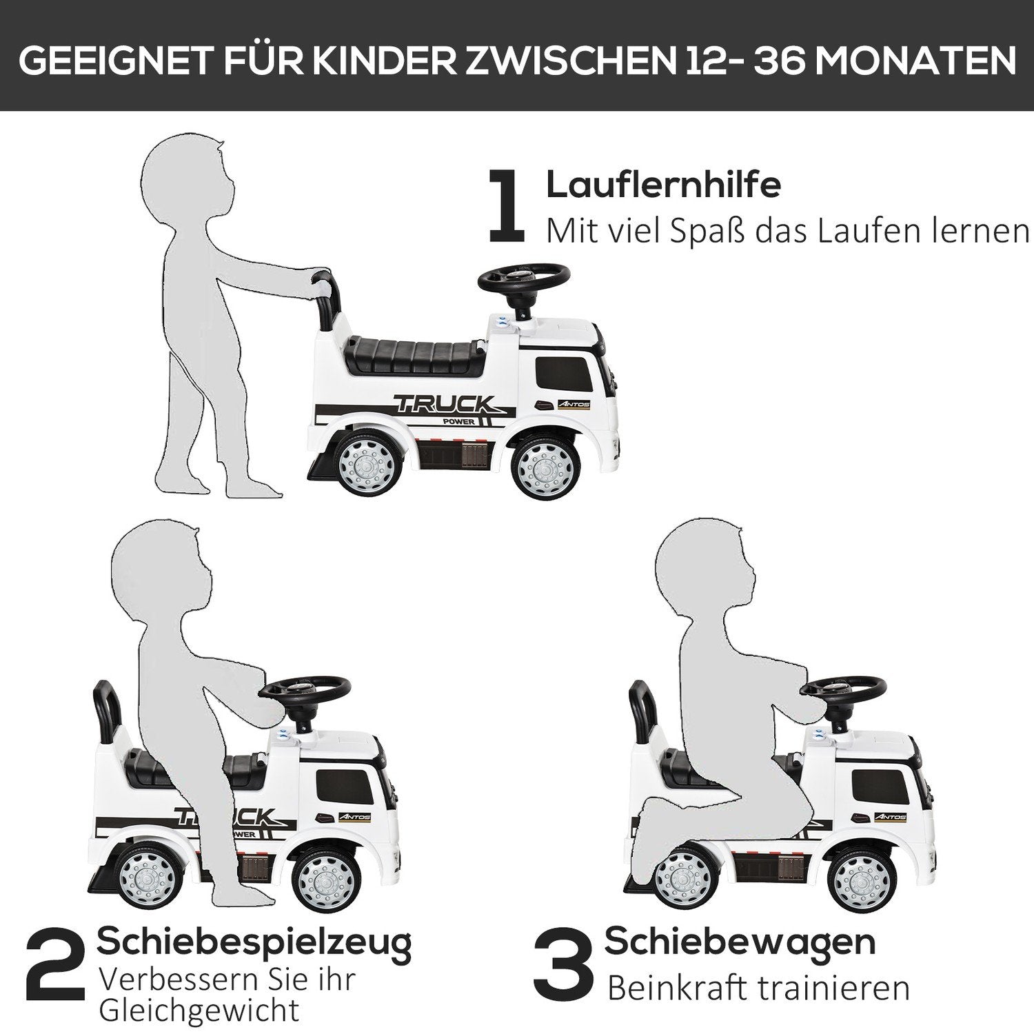 køre-på børnebil Mercedes Antos lastbil stil, med lys, i 12-36 måneder, hvid+sort