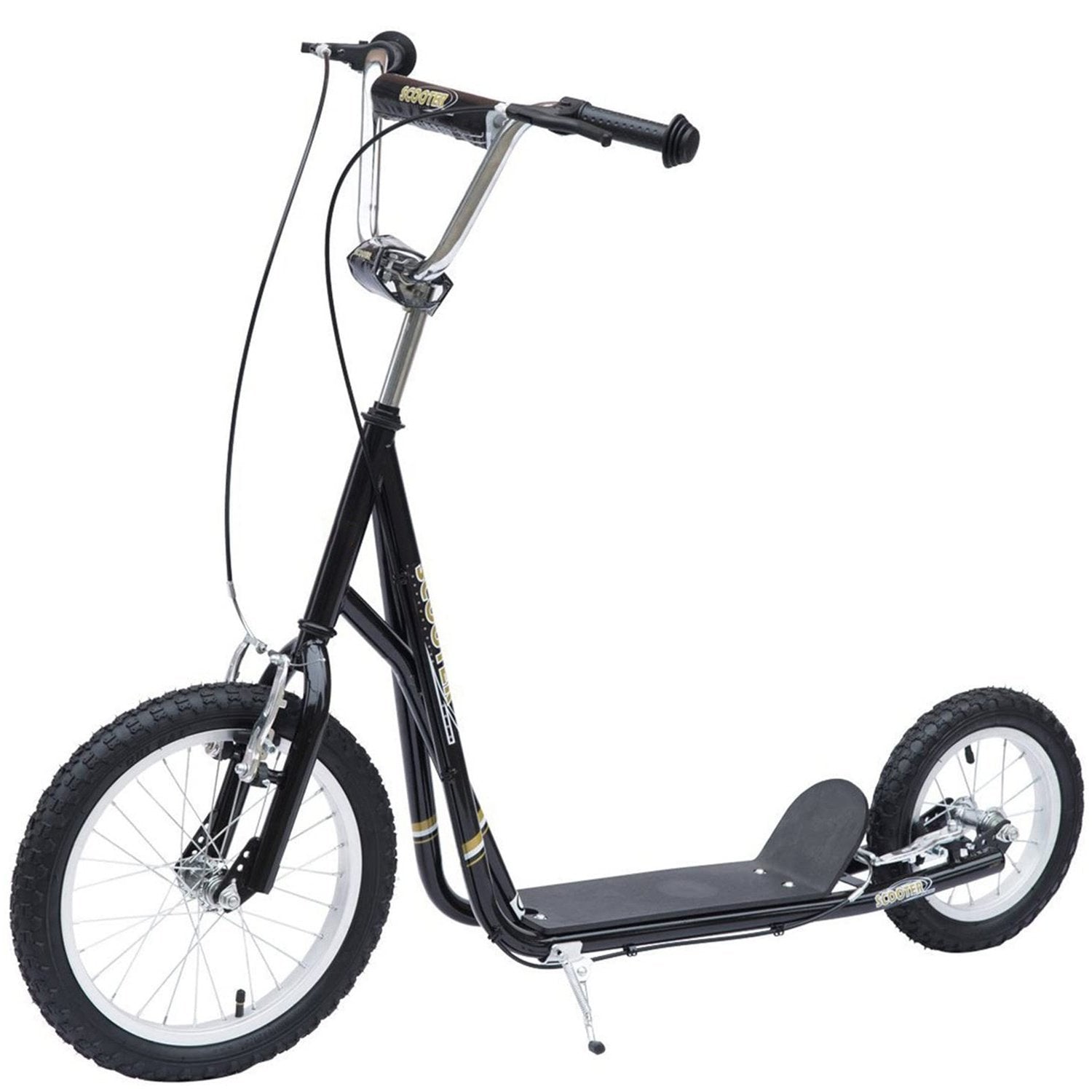 Børnescooter 16/12 tommer scooter med bremser, byscooter, kickboard til børn fra 5 år og opefter, Sort, 135X58X92-100 Cm