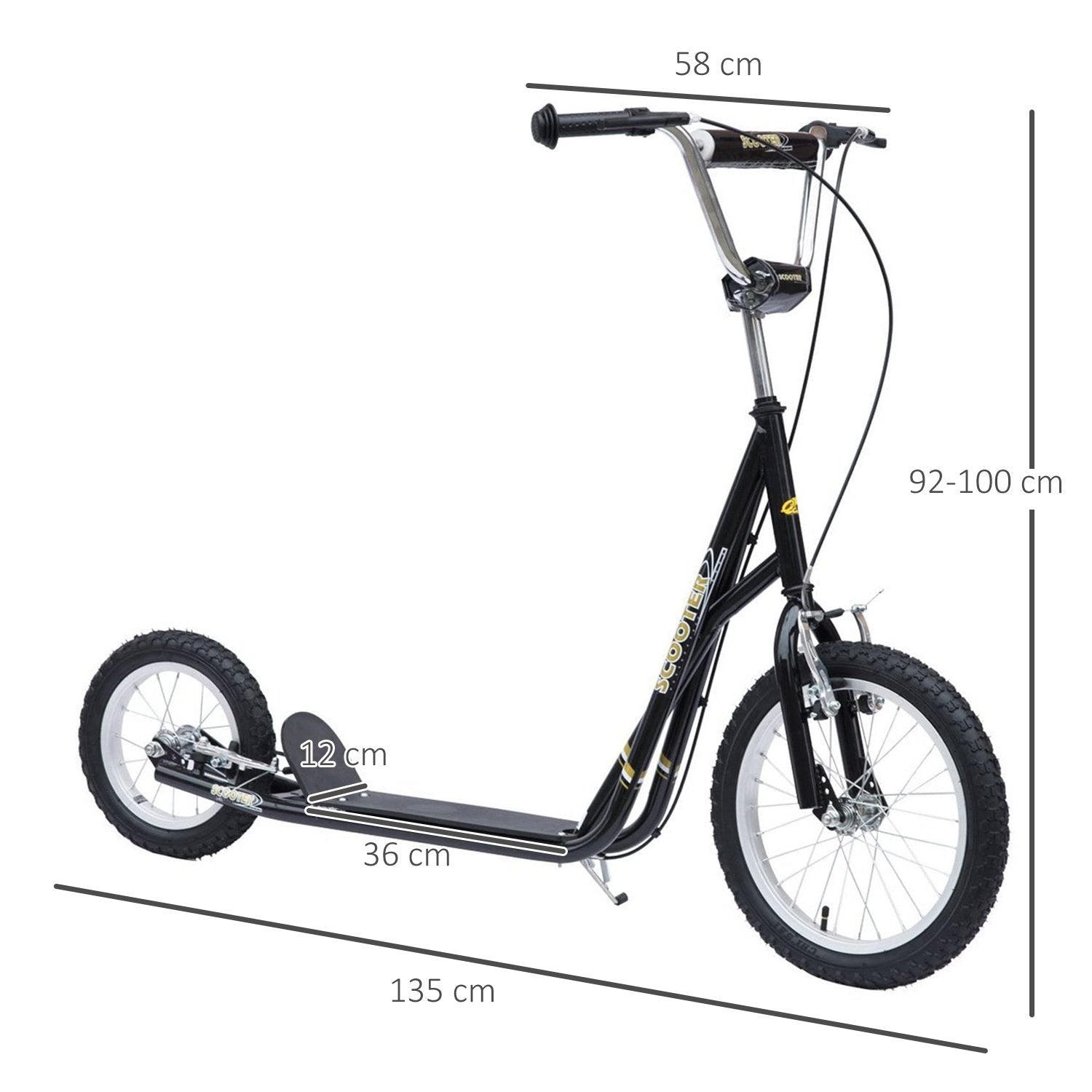 Børnescooter 16/12 tommer scooter med bremser, byscooter, kickboard til børn fra 5 år og opefter, Sort, 135X58X92-100 Cm