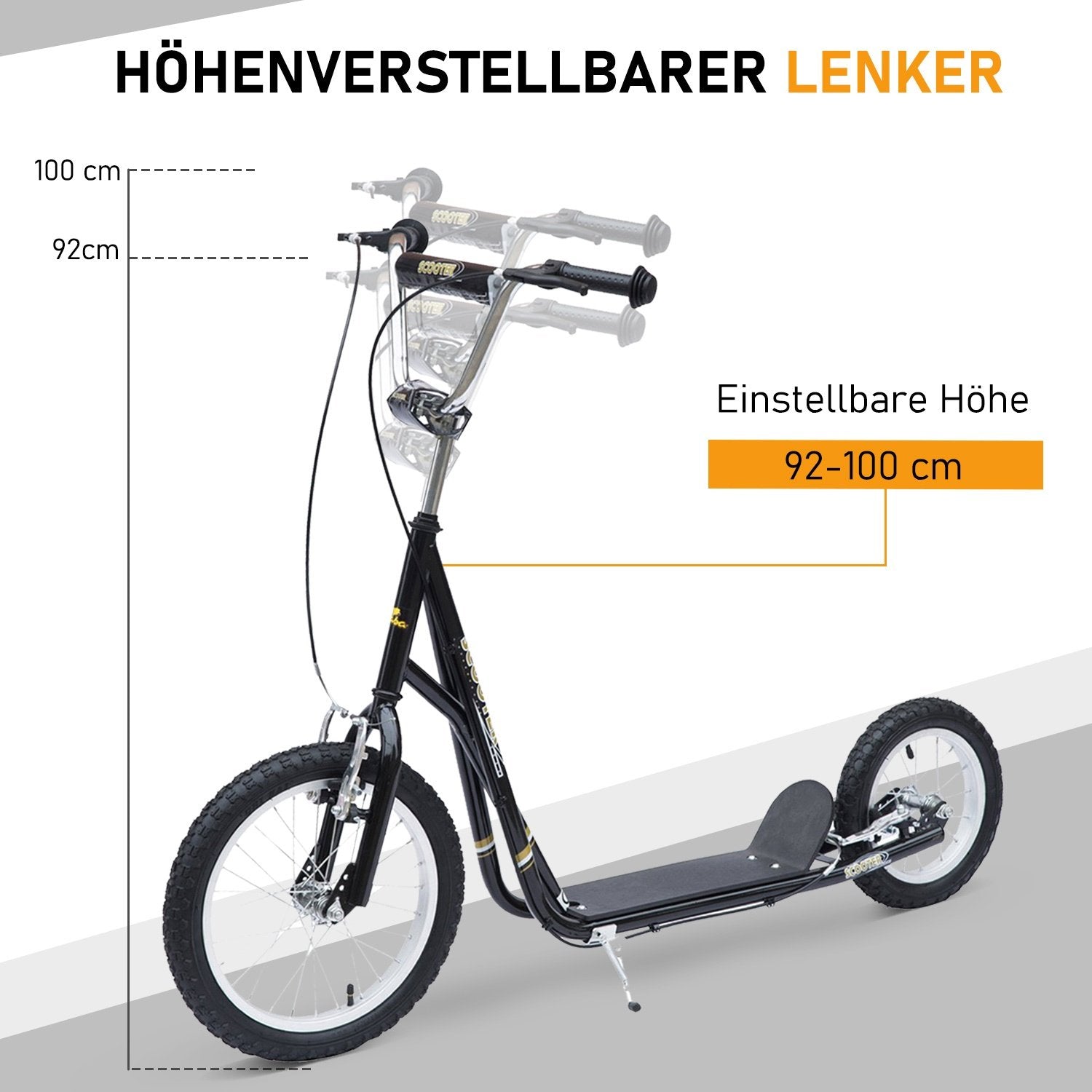 Børnescooter 16/12 tommer scooter med bremser, byscooter, kickboard til børn fra 5 år og opefter, Sort, 135X58X92-100 Cm