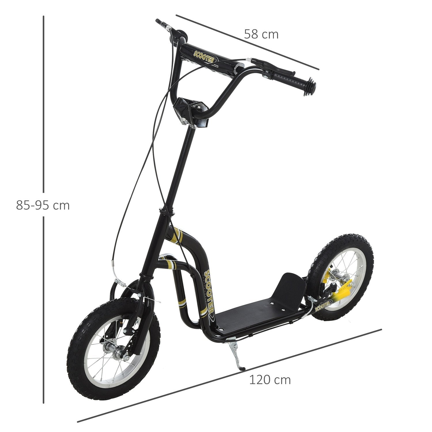 Børneløbehjul fra 5 år Scootere Børneløbehjul Byløbehjul Pneumatiske dæk 12 tommer Gummi Aluminium Sort 120X58X85-95Cm