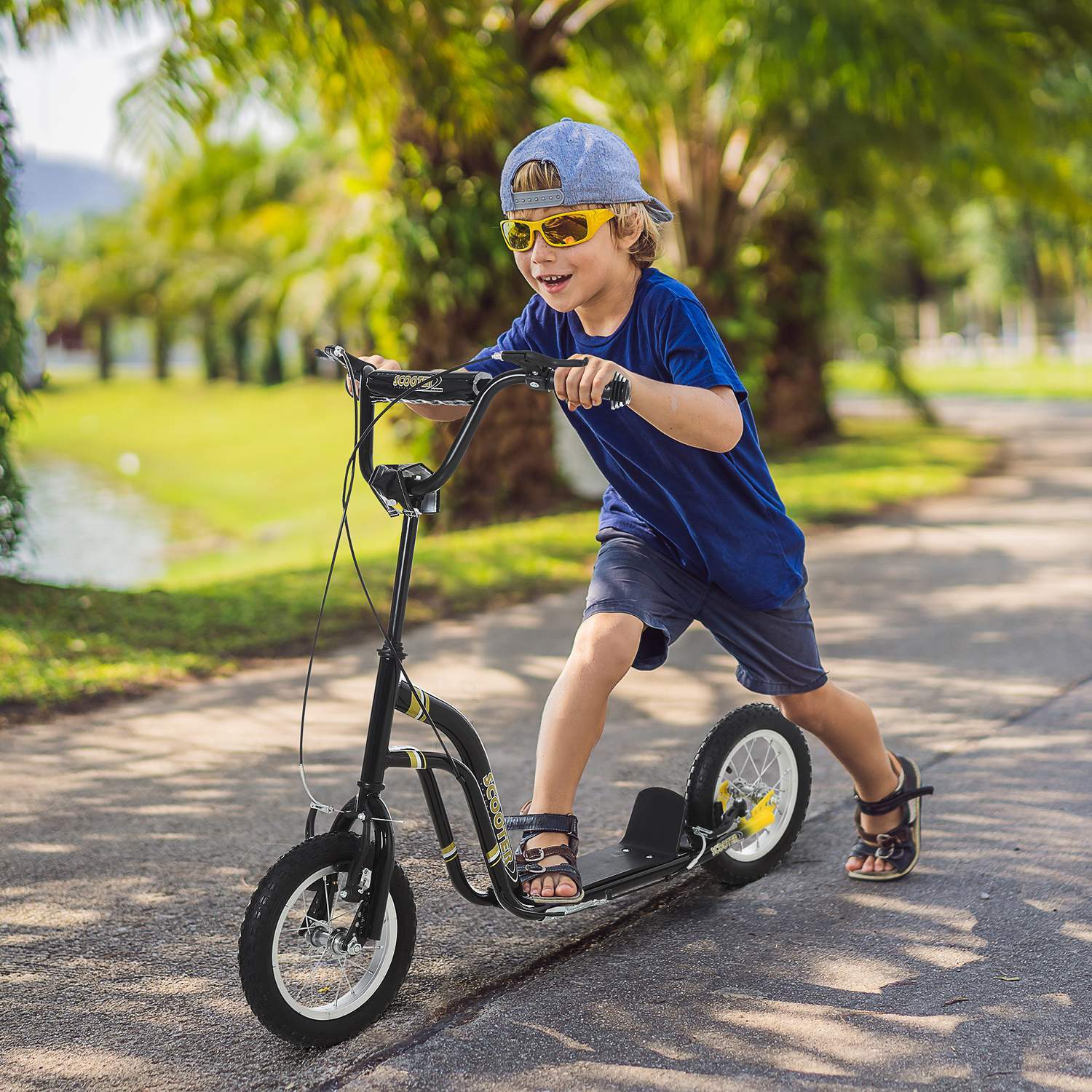 Børneløbehjul fra 5 år Scootere Børneløbehjul Byløbehjul Pneumatiske dæk 12 tommer Gummi Aluminium Sort 120X58X85-95Cm