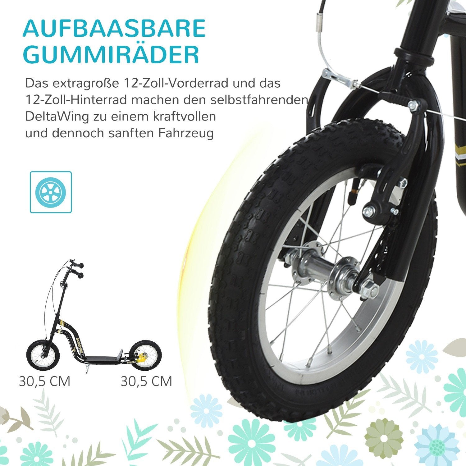 Børneløbehjul fra 5 år Scootere Børneløbehjul Byløbehjul Pneumatiske dæk 12 tommer Gummi Aluminium Sort 120X58X85-95Cm