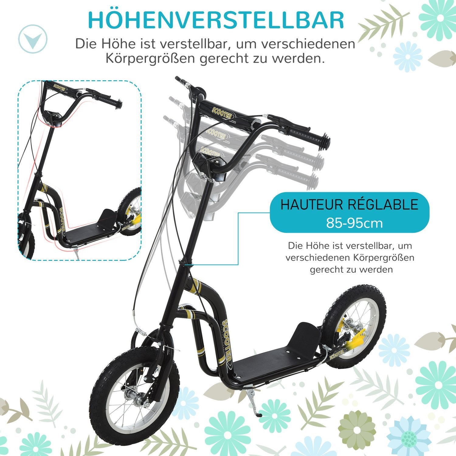 Børneløbehjul fra 5 år Scootere Børneløbehjul Byløbehjul Pneumatiske dæk 12 tommer Gummi Aluminium Sort 120X58X85-95Cm