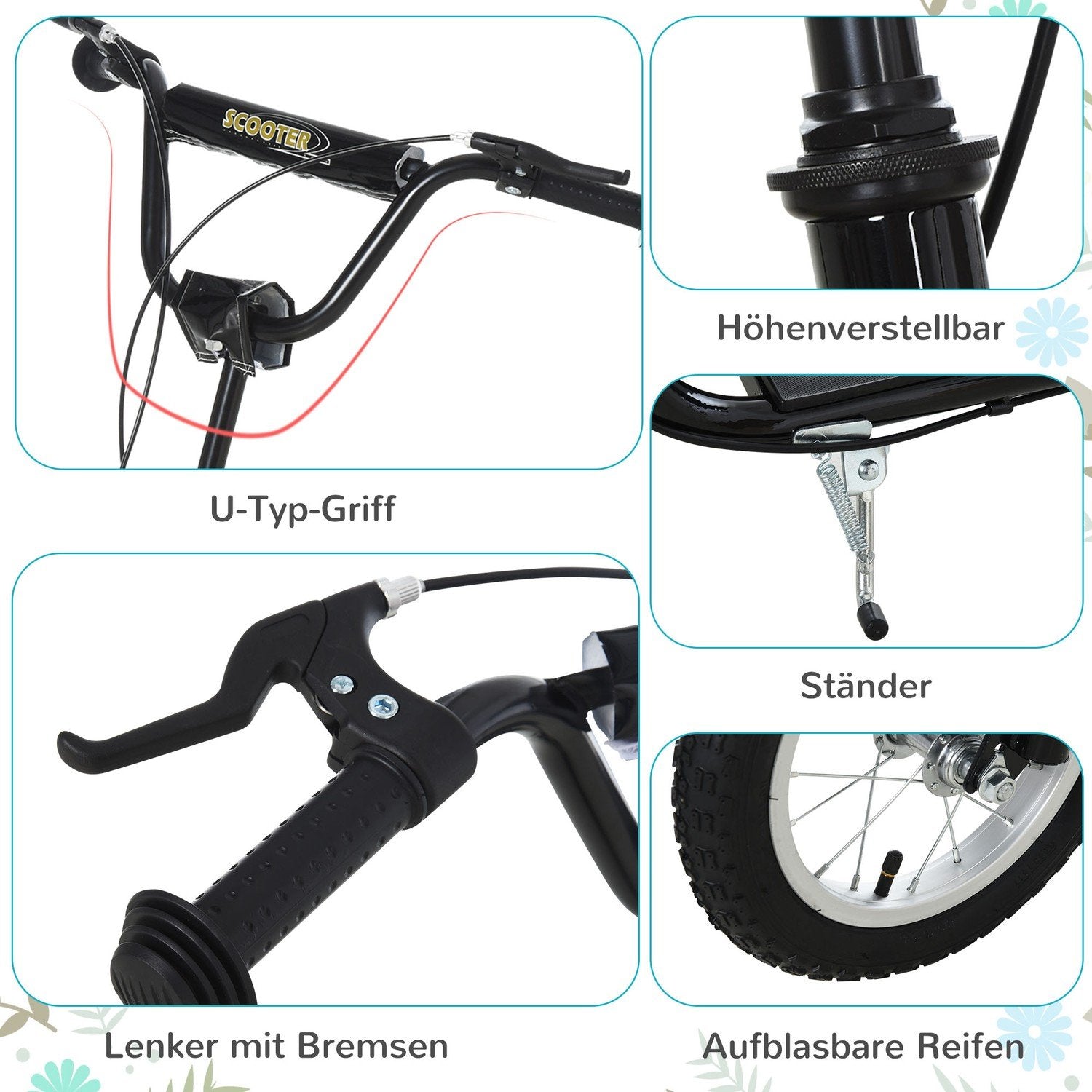 Børneløbehjul fra 5 år Scootere Børneløbehjul Byløbehjul Pneumatiske dæk 12 tommer Gummi Aluminium Sort 120X58X85-95Cm