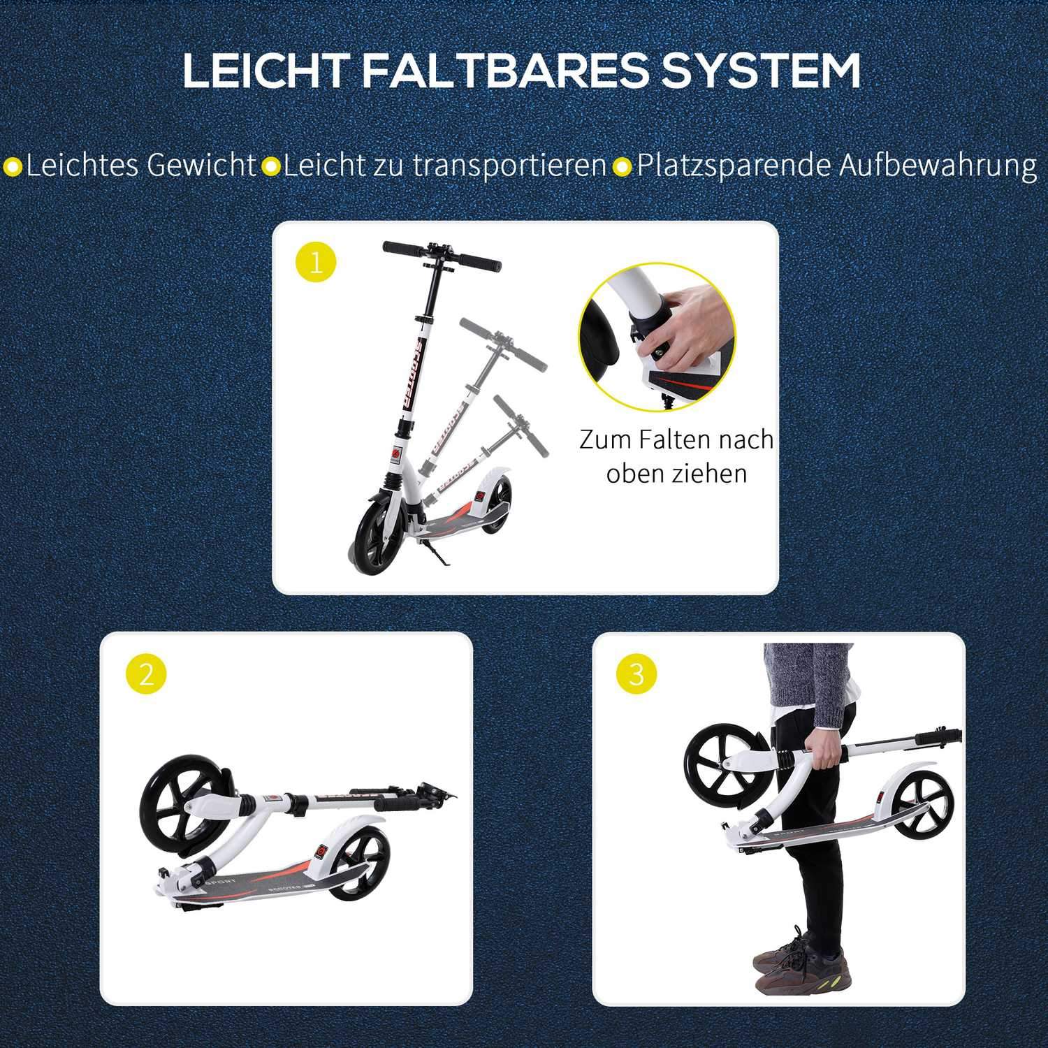 Barnskoter, Sparkcykel Med Stötdämpning, Sparkscooter, Hopfällbar Och Höj- Och Sänkbar, Från 14 År, Aluminium, Vit, 92,5 X 37,5 X 87-101,5 Cm