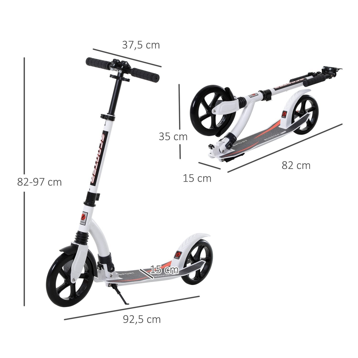 Barnskoter, Sparkcykel Med Stötdämpning, Sparkscooter, Hopfällbar Och Höj- Och Sänkbar, Från 14 År, Aluminium, Vit, 92,5 X 37,5 X 87-101,5 Cm