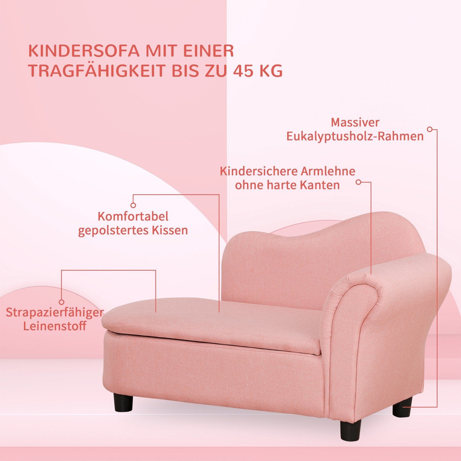 Børnesofa med opbevaring i lyserød sovesofa i hørlook, massivt træ, 80X40X49Cm, til børn 3-5 år