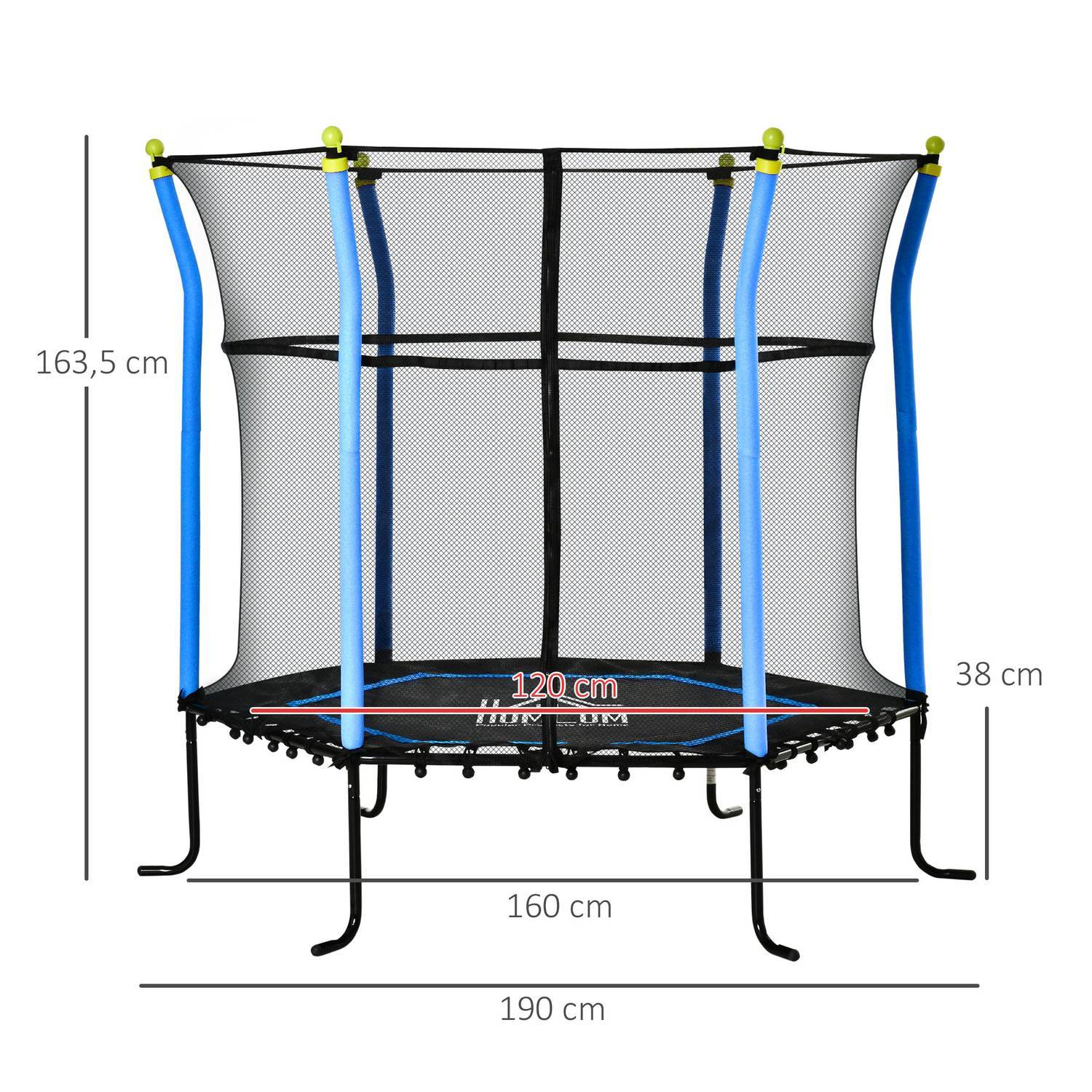 Børnetrampolin 5,3 fods havetrampolin med sikkerhedsnet og kantbeskyttelse, gummireb, blå, 163,5H Cm, op til 60 kg