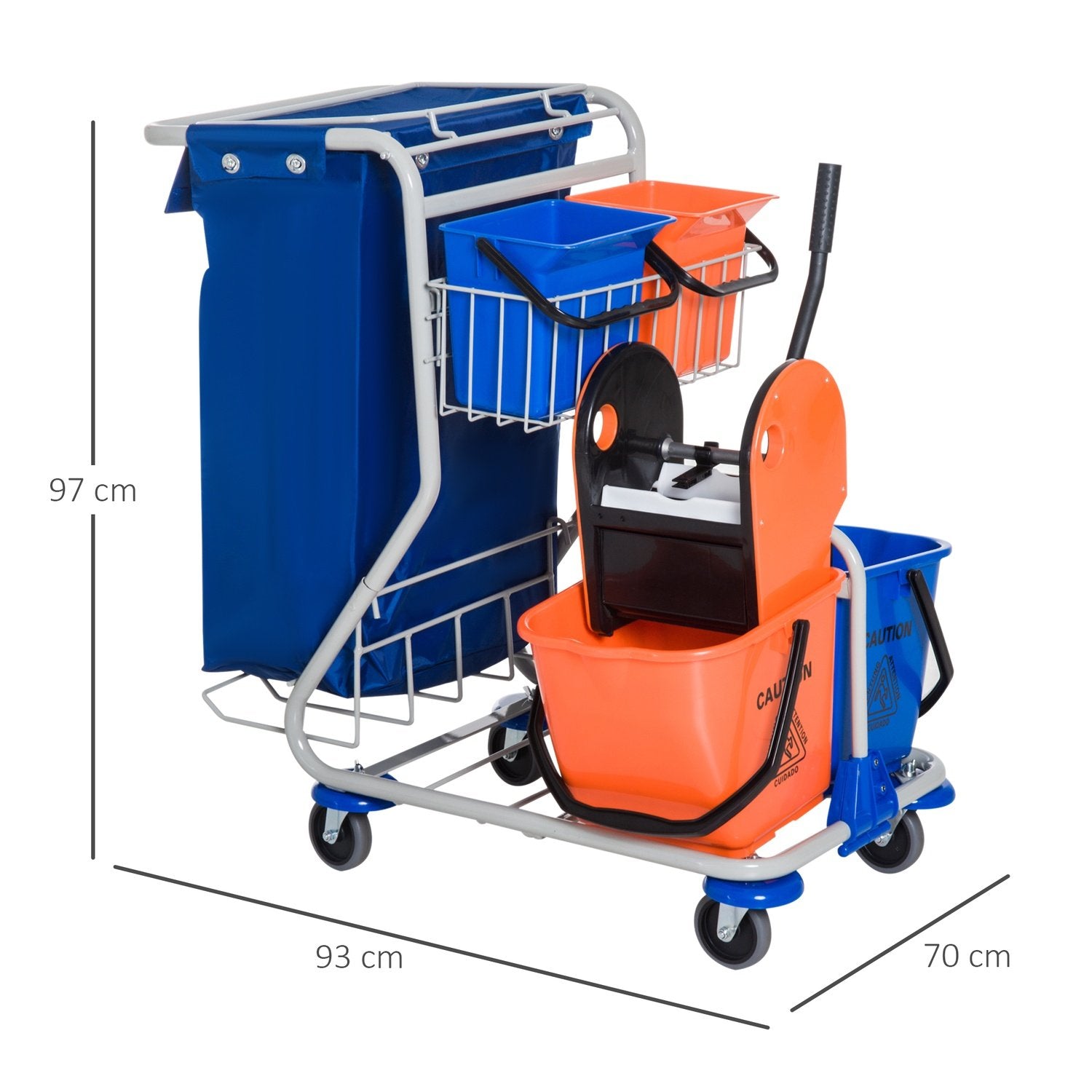 Rengøringsvogn Rengøringsvogn 4 spande Tørrevogn Systemvogn med hjul Blå Orange 100 X 70 X 103 Cm